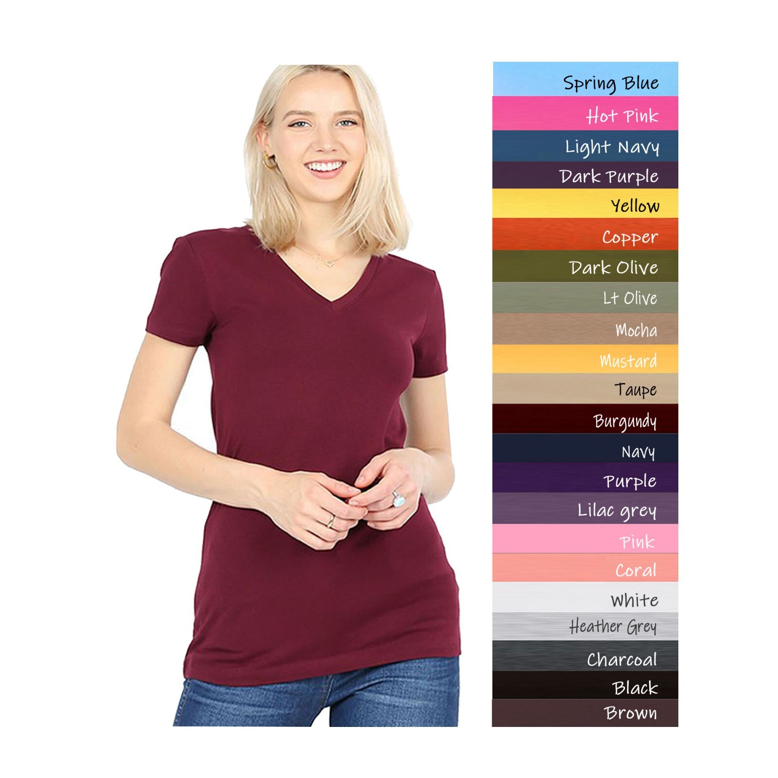(Zenana Outfitters) V-Neck Short Sleeve T Shirt Plain Solid Top Stretchy Cotton