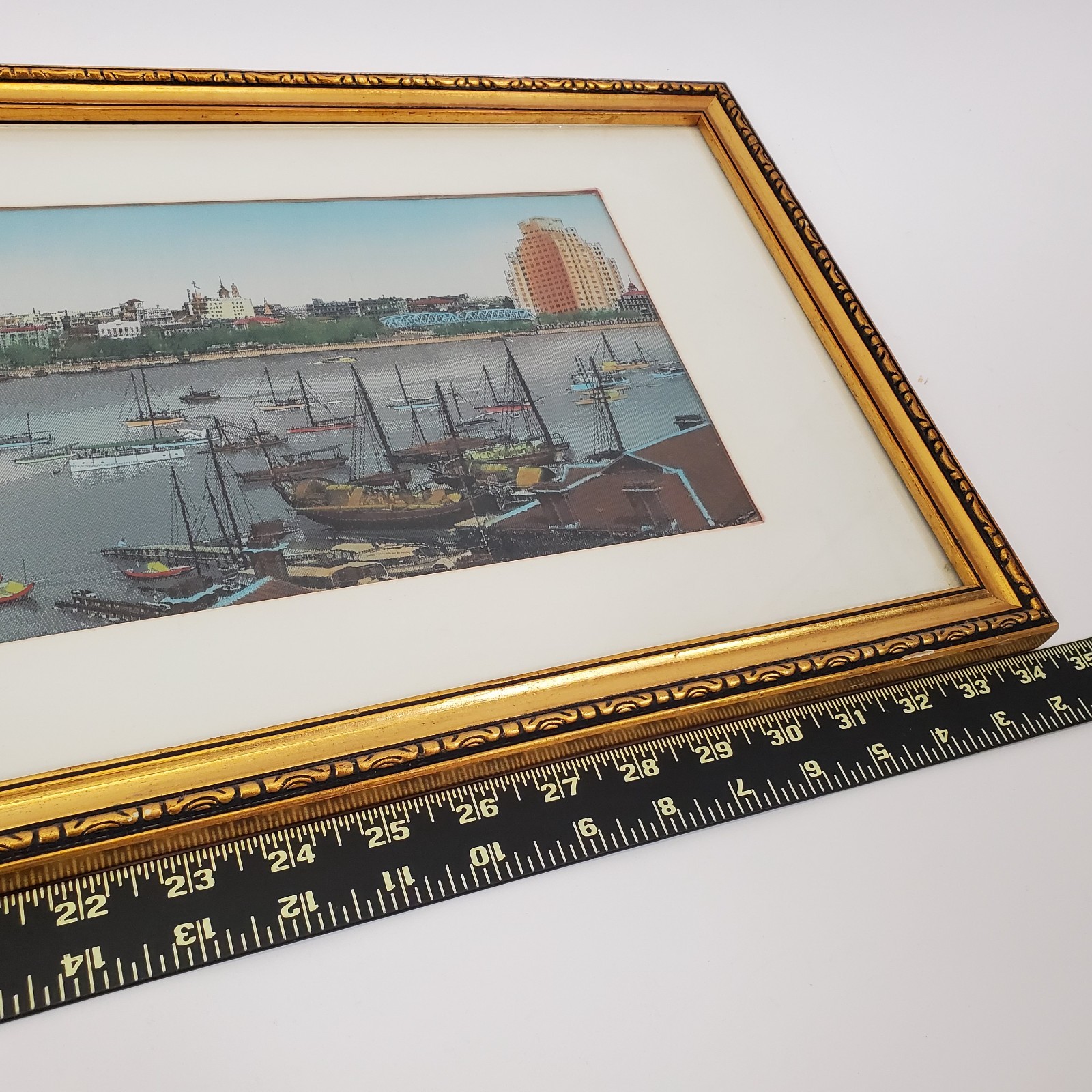 Vintage Shanghai The Bund Silk Woven Panorama Framed Historical Waterfront Art