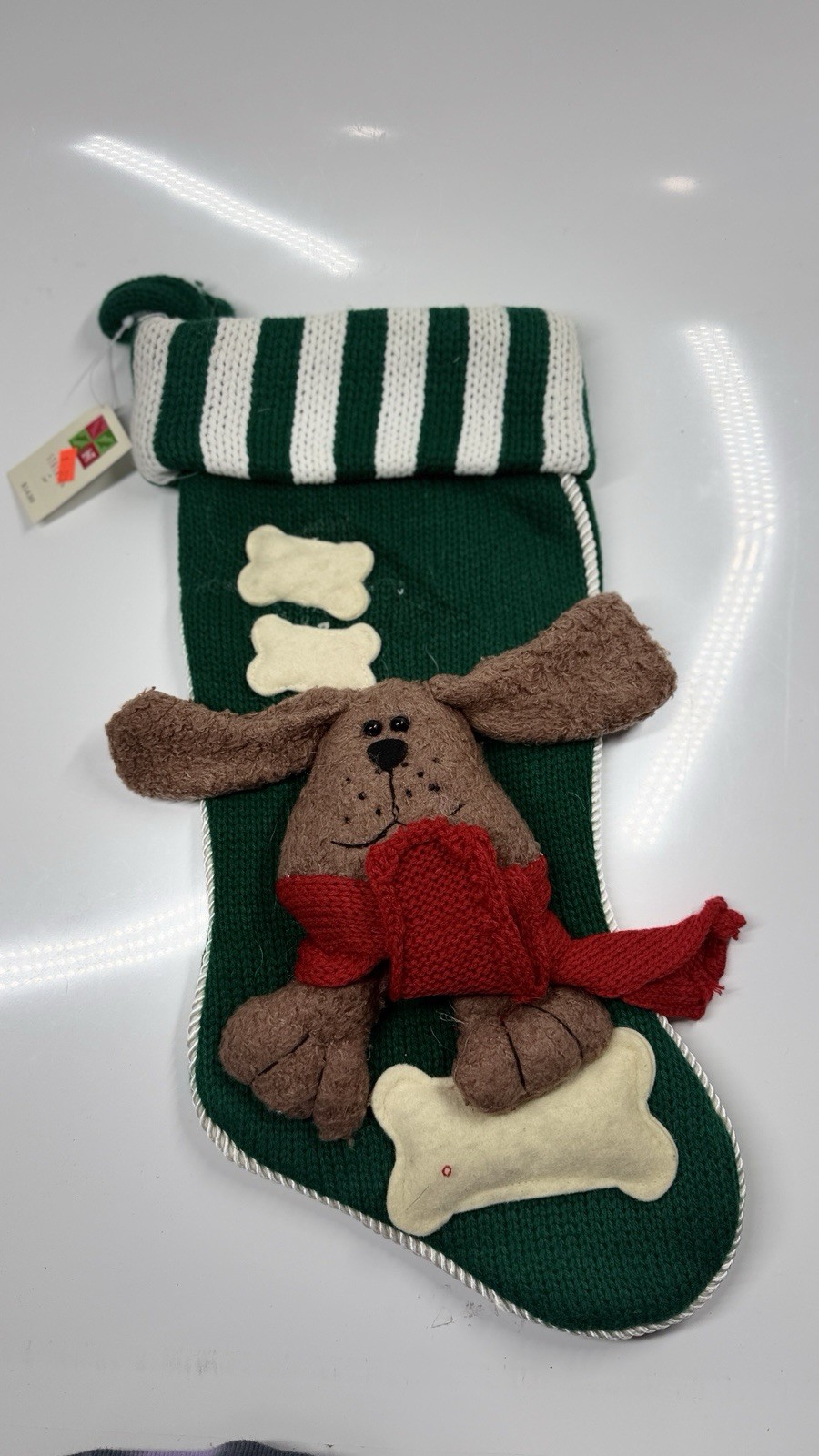 NOS LNT Vintage Sweater Christmas Stocking 3-D Brown Dog  Merry Christmas 18”