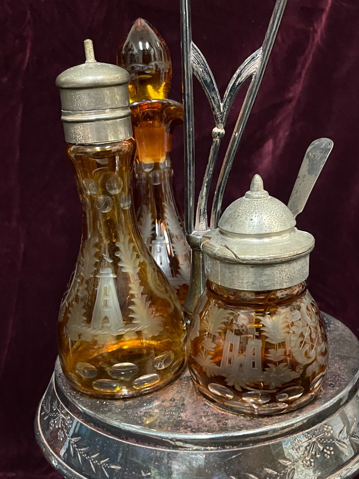 Antique 1800's Wilcox Silver Plate Cruet Condiment Set 3 Etched Amber Bottles