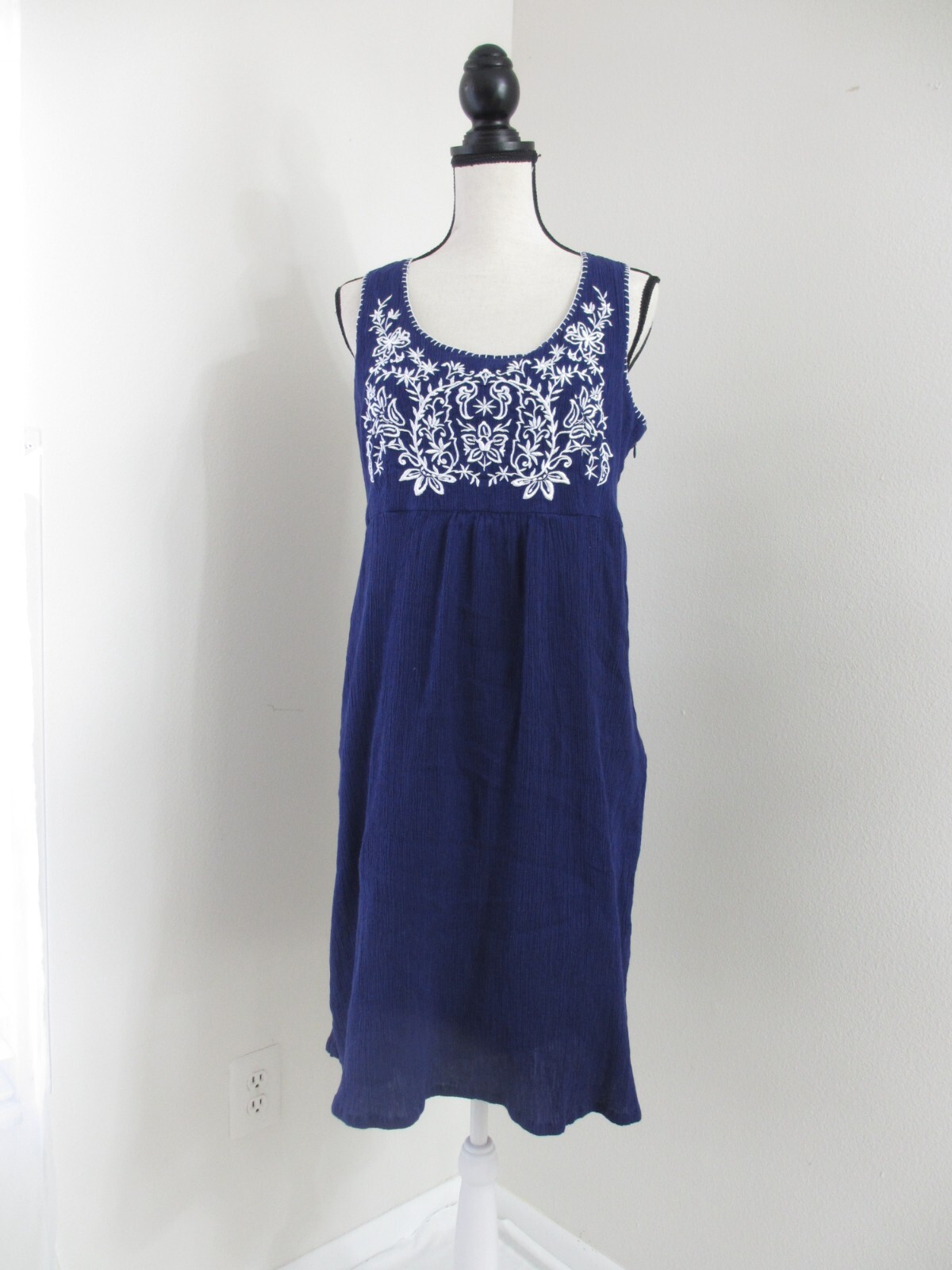 Navy Blue Applique Embroidered Sun Dress Women's 14 Sleeveless Gauze Cotton Boho