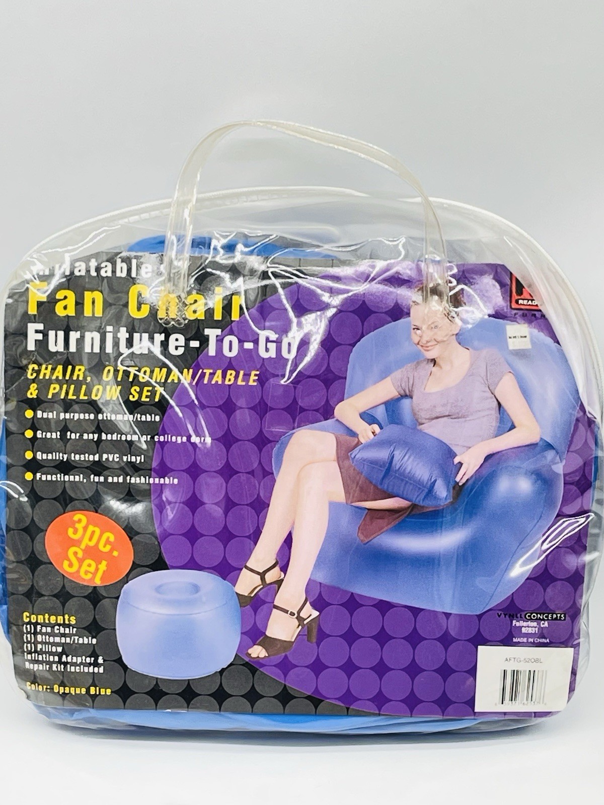 Inflatable 3 Pcs Chair Ottoman Furniture Blue Adult Sz 90s Y2K Retro Dorm RARE