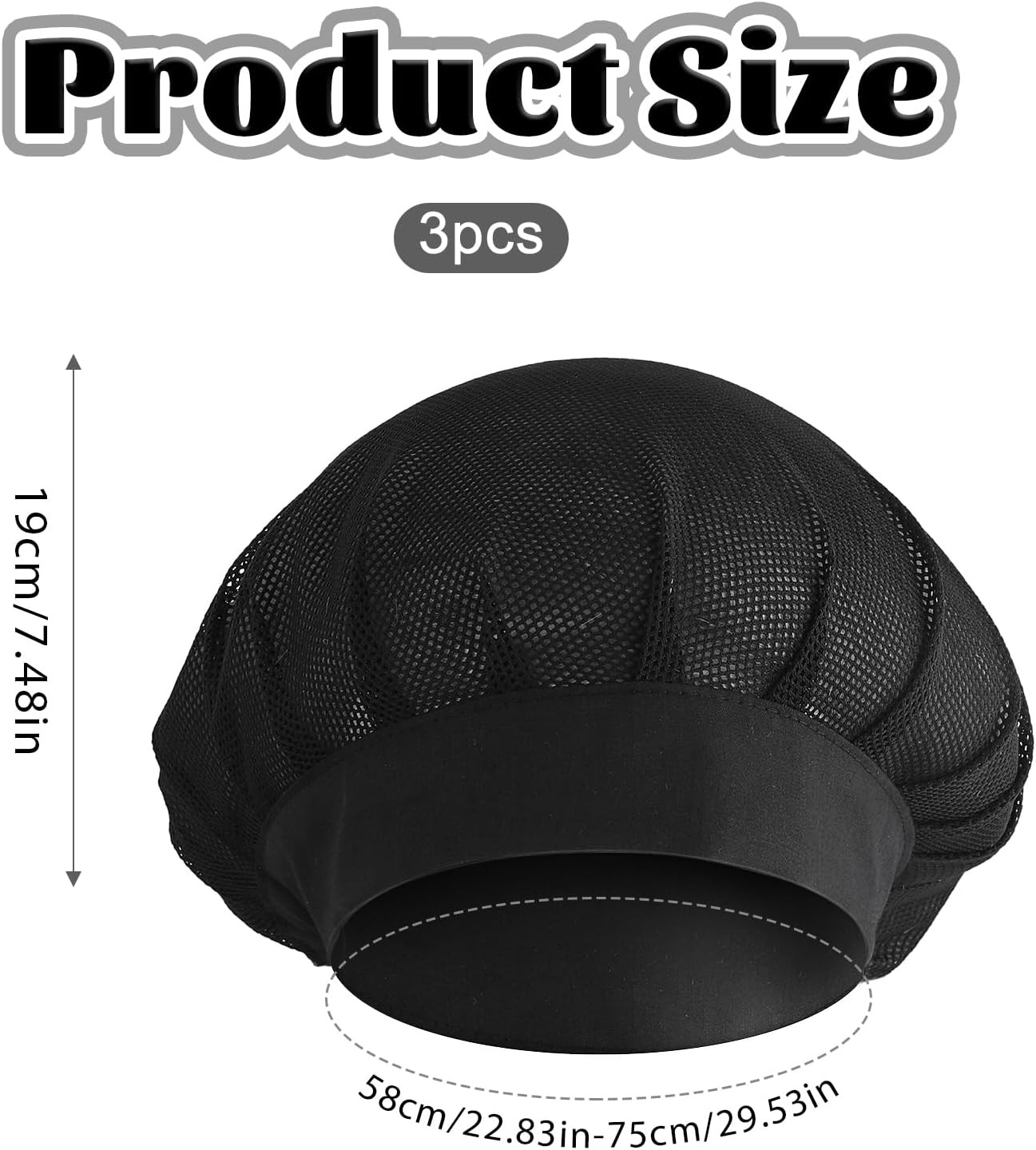 3 Pcs Chef Hats Hair Nets Adjustable Mesh Kitchen Cooking Beanie Caps Black