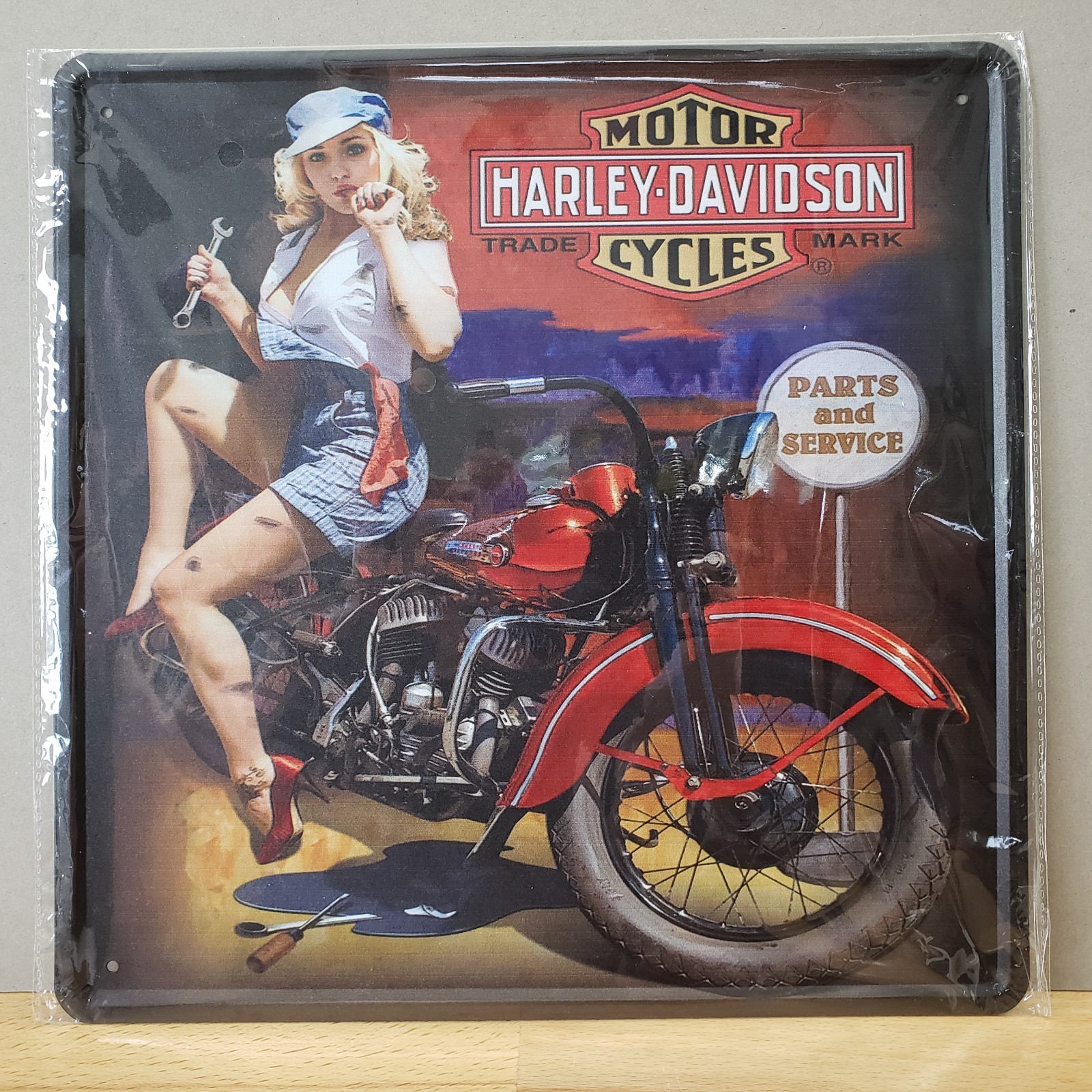 Reproduction Harley Davidson Motorcycle Sexy Mechanic Metal Sign 11.75" x 11.75"
