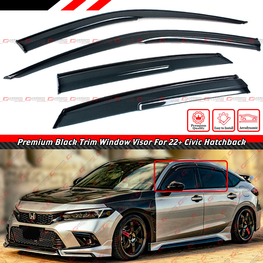 FOR 22-25 HONDA CIVIC HATCHBACK JDM BLACK TRIM WINDOW VISOR RAIN GUARD W/ CLIPS
