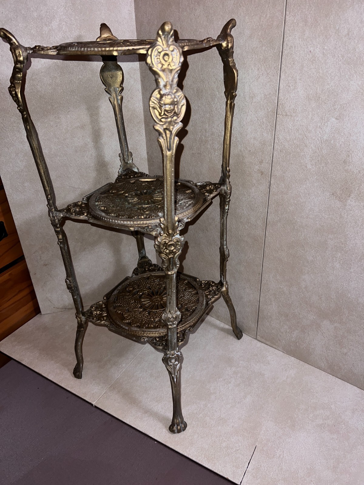 RARE 1950s Italian BRASS Filigree 3-Tier Plant Stand, Handmade Ornate, Claw Feet