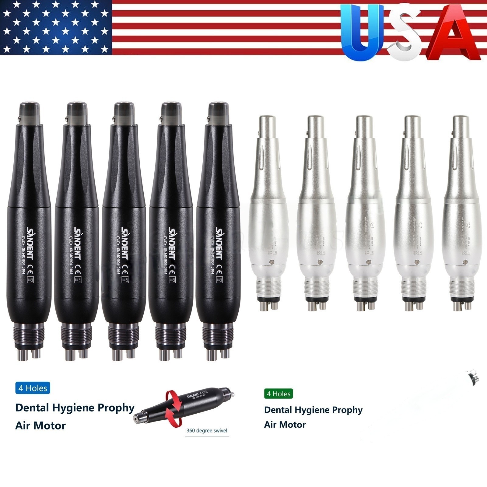 1-5 Dental Hygiene Prophy Handpiece Air Motor 4Holes 4:1 Nose Cone 360°Swivel
