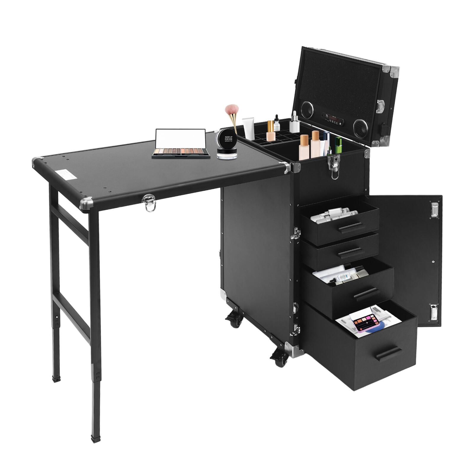 Nail Desk Mobile Station Rolling Makeup Train Case Manicure Table with Speaker