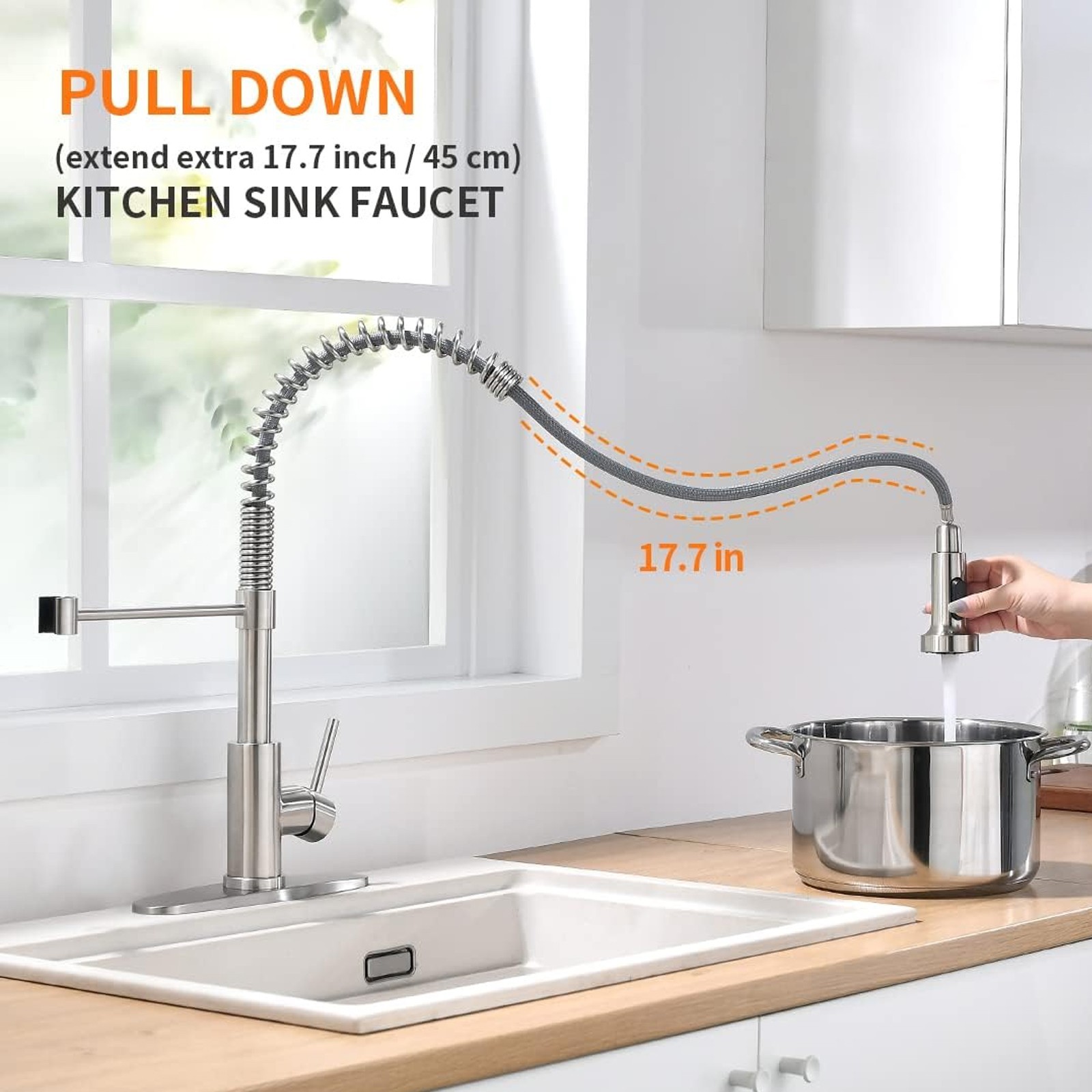 Kitchen Sink Faucet Pull Down Sprayer Stainless steel Single Handle Swivel Mixer