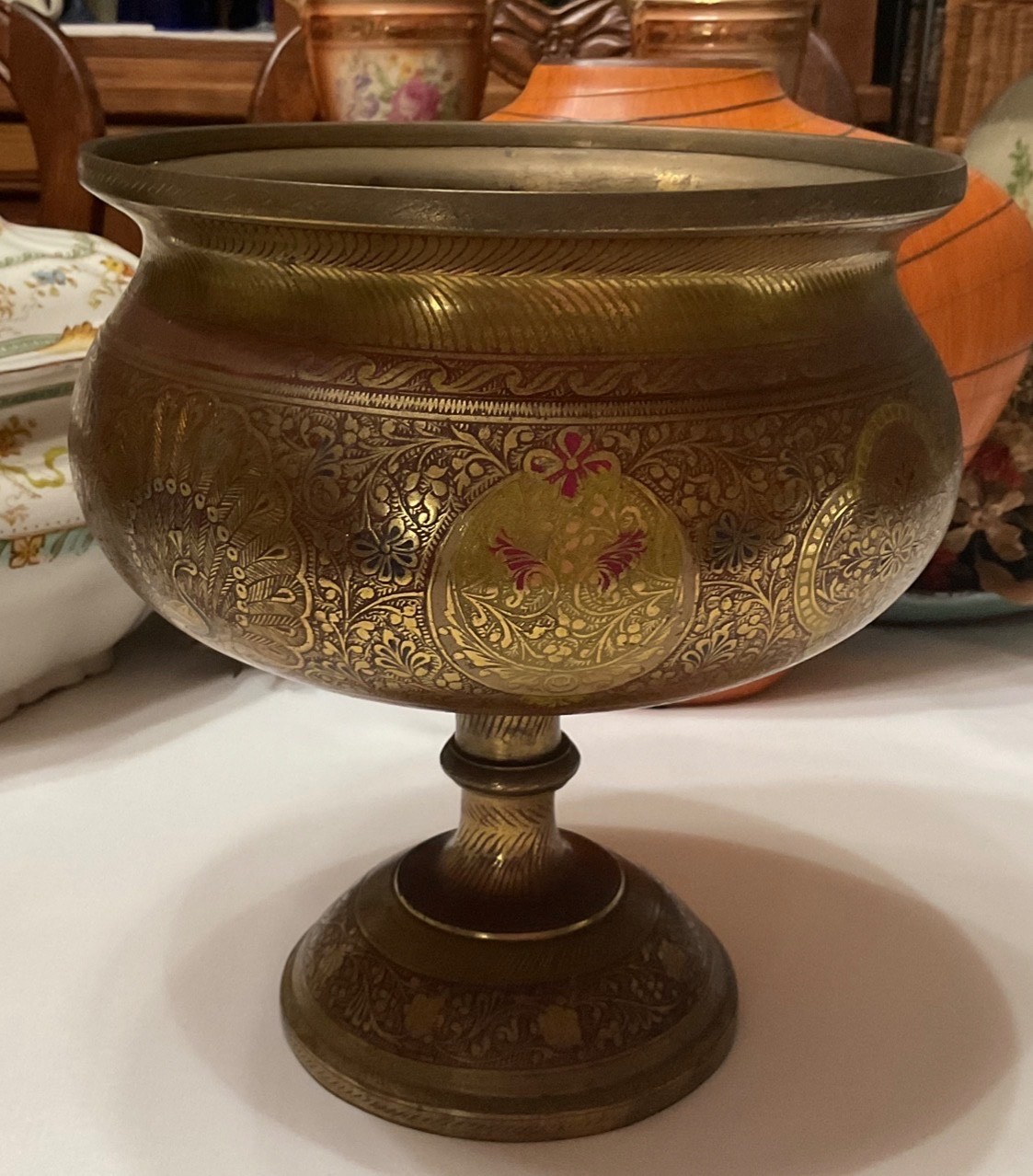Etched Brass Pedestal Bowl Urn Peacock Floral Motif 7.3lb Ornate Centerpiece
