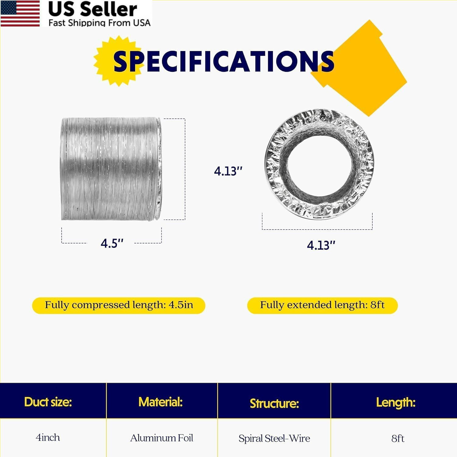 Simple Deluxe 4" 8FT Aluminum Flex Duct Non-Insulated Dryer Vent Silver