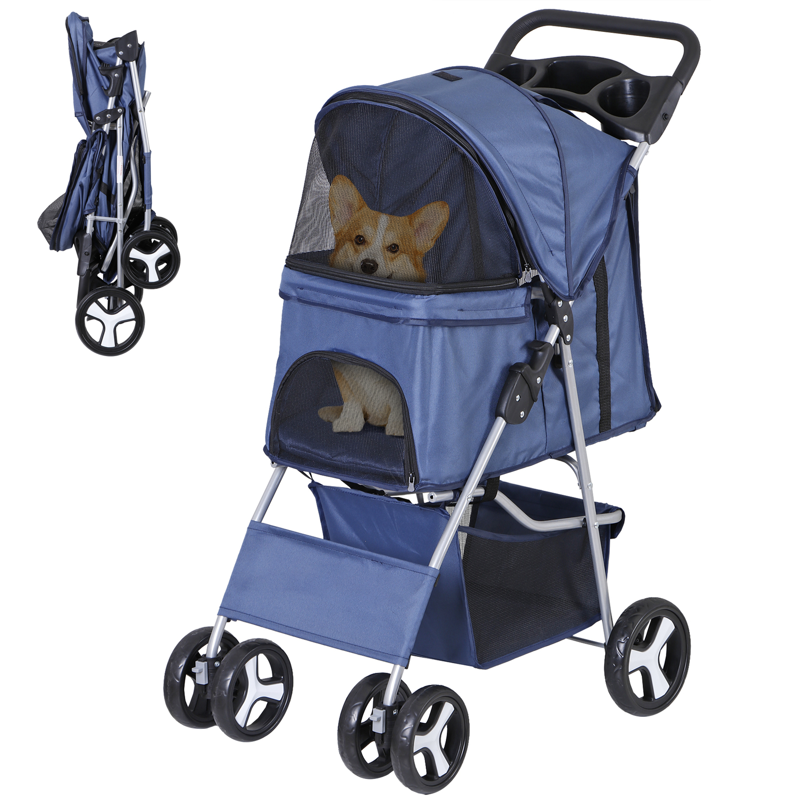 4 Wheels Blue Pet Stroller with Cup Holder, Breathable Mesh for S/M Dog Cat