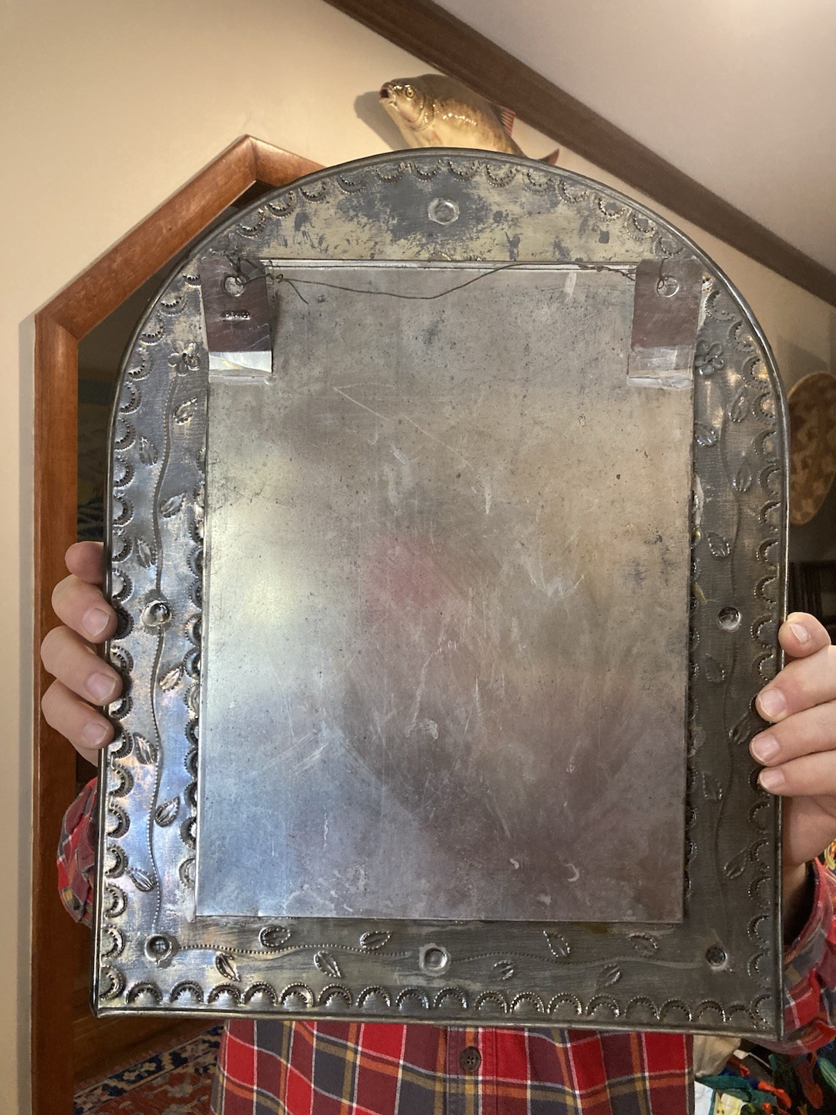 Antique Mexican Folk Art Punched Tin Mirror With Original Glass