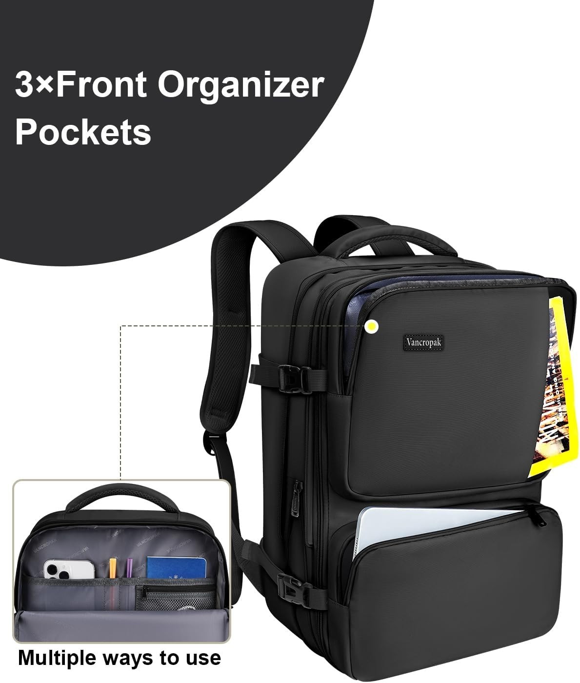 Vancropak 47L Expandable Carry On Travel Backpack w/3 Cubes Flight Approved