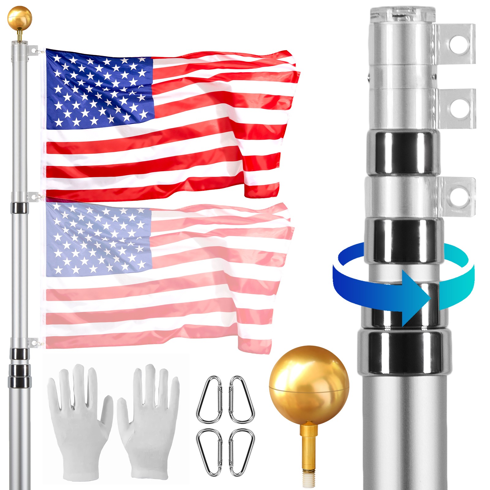 20FT Telescopic Flagpole Kit Heavy Duty Aluminum Flag Pole American Silver