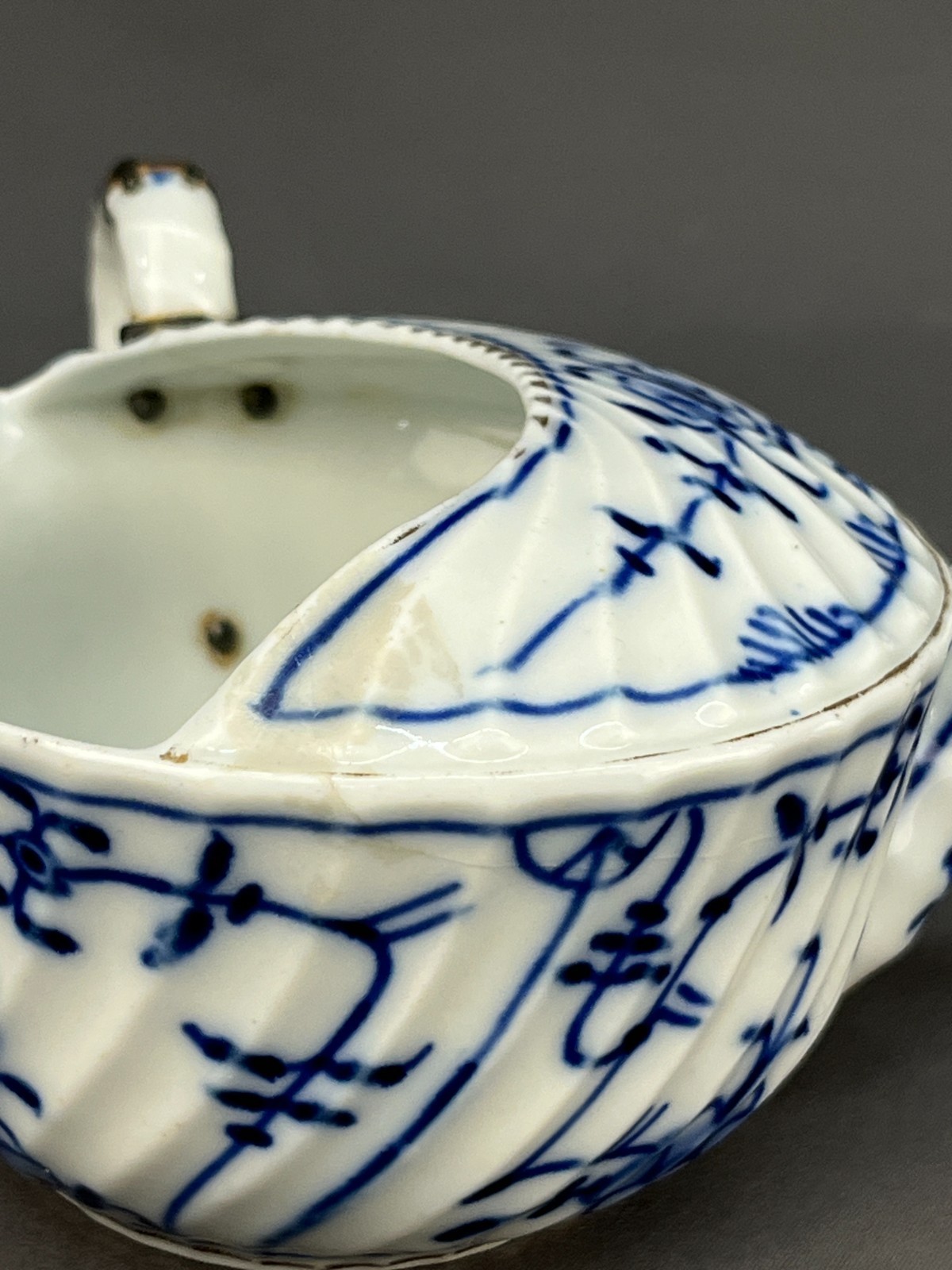 Royal Tettau BLUE ONION Invalid Feeder Pap Boat w/STAPLE REPAIR MAKE DO c. 1885