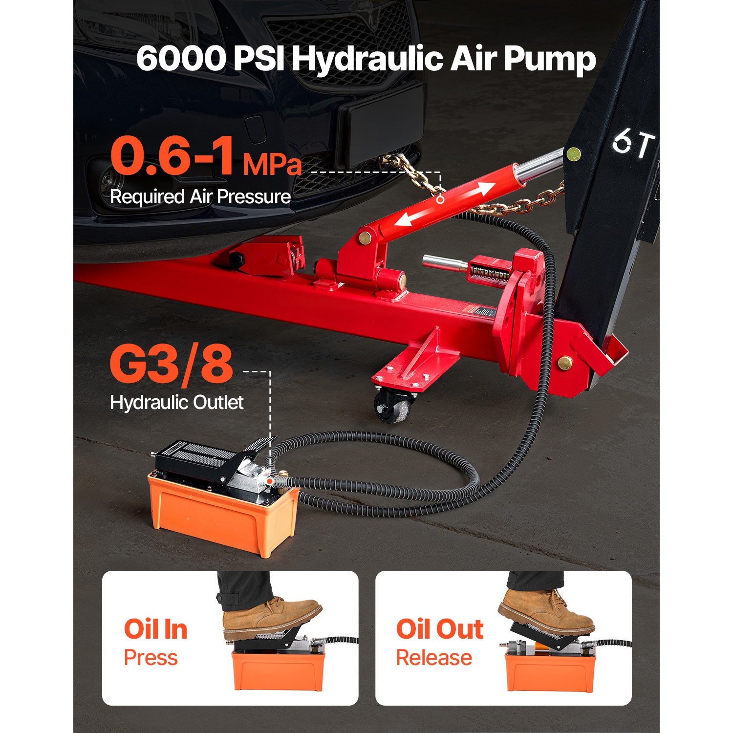 Auto Body Frame Puller Straightener 6T Car Frame Machine 6000PSI Foot Pump