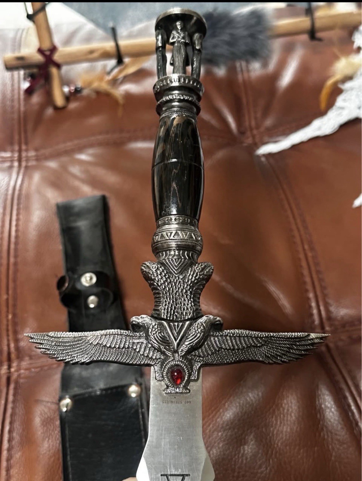 CLEOPATRA DAGGER SET w/LEATHER SHEATHE. Blade etched W/EGYPTIAN HEIROGLYPHICS