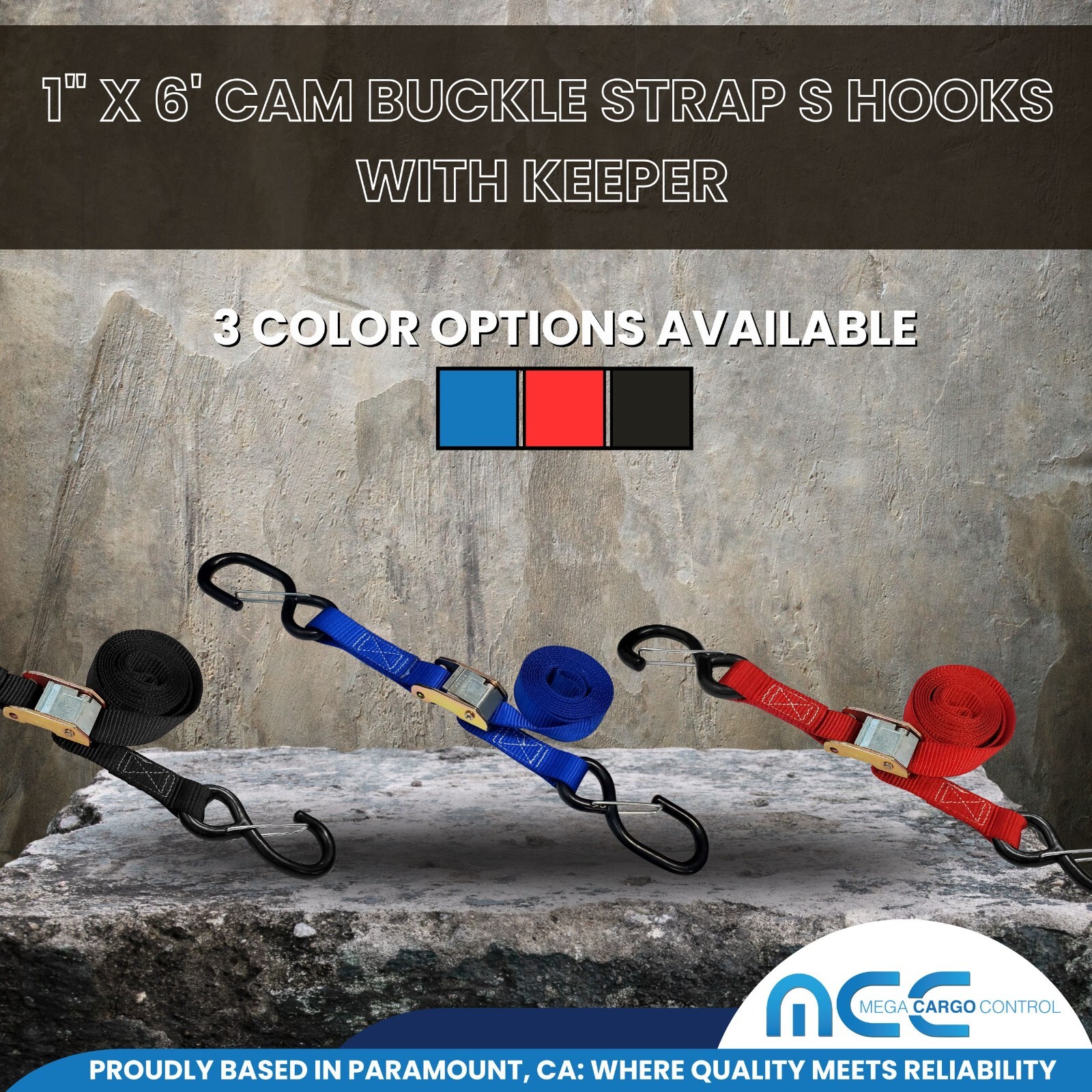 2 Pack 1" x 6' Cam Buckle Tie Down Strap w/ S Hook For Boat Motorcycle Bike