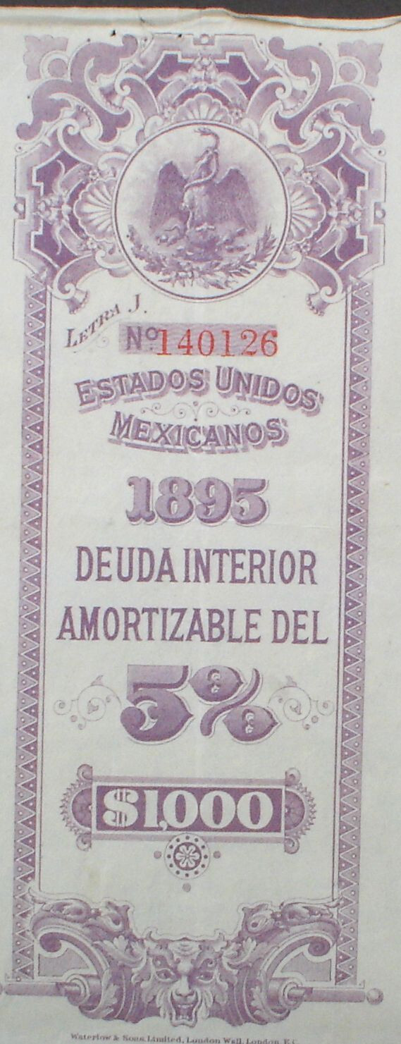 Mexico ESTADOS UNIDOS MEXICANOS BOND 5% Deuda Interior 1000$ =£200 1898 uncanc.