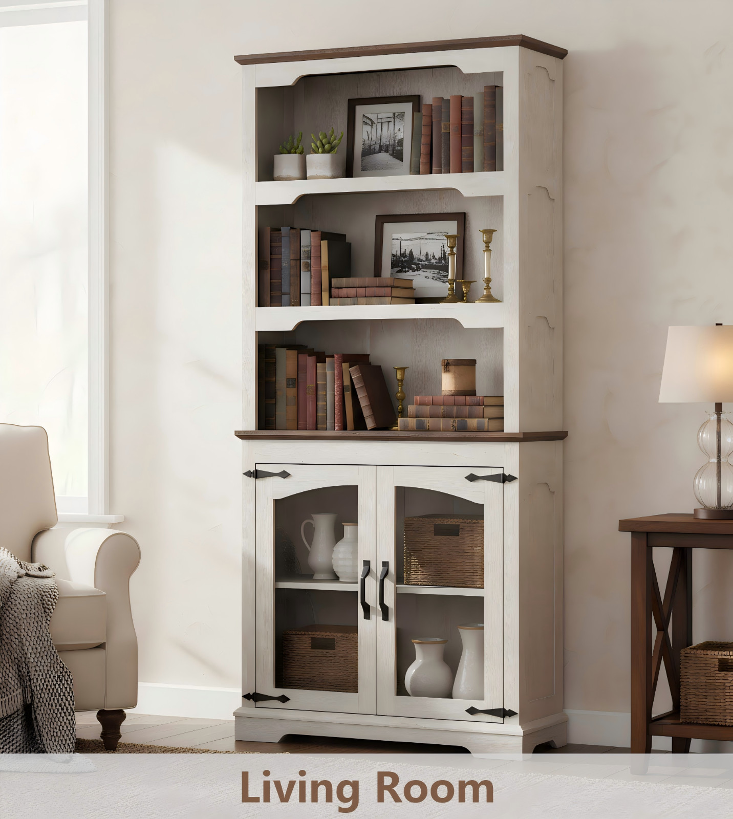 Farmhouse Tall Bookcase with Doors, Rustic White Storage Cabinet with Anti-Tip