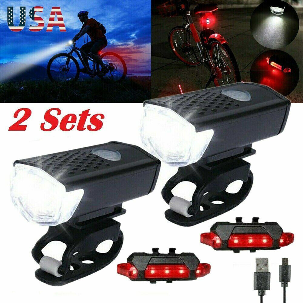 2 Sets USB Rechargeable LED Bicycle Headlight Bike Front Rear Lamp Cycling