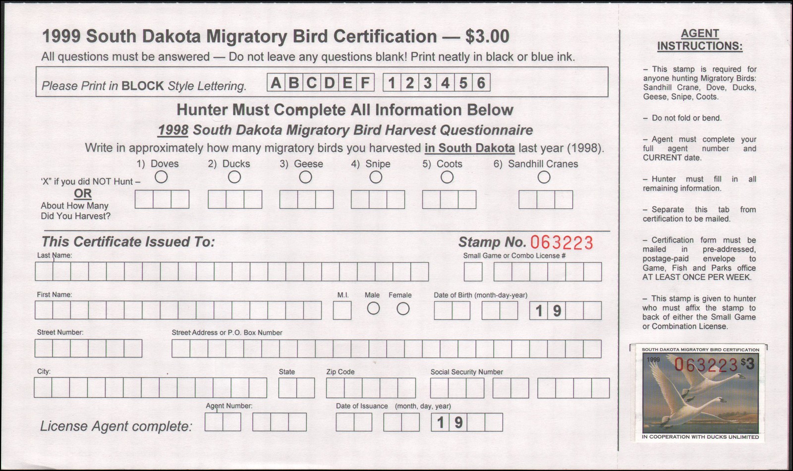 US state revenue-South Dakota MNH 1999 duck stamp with certification