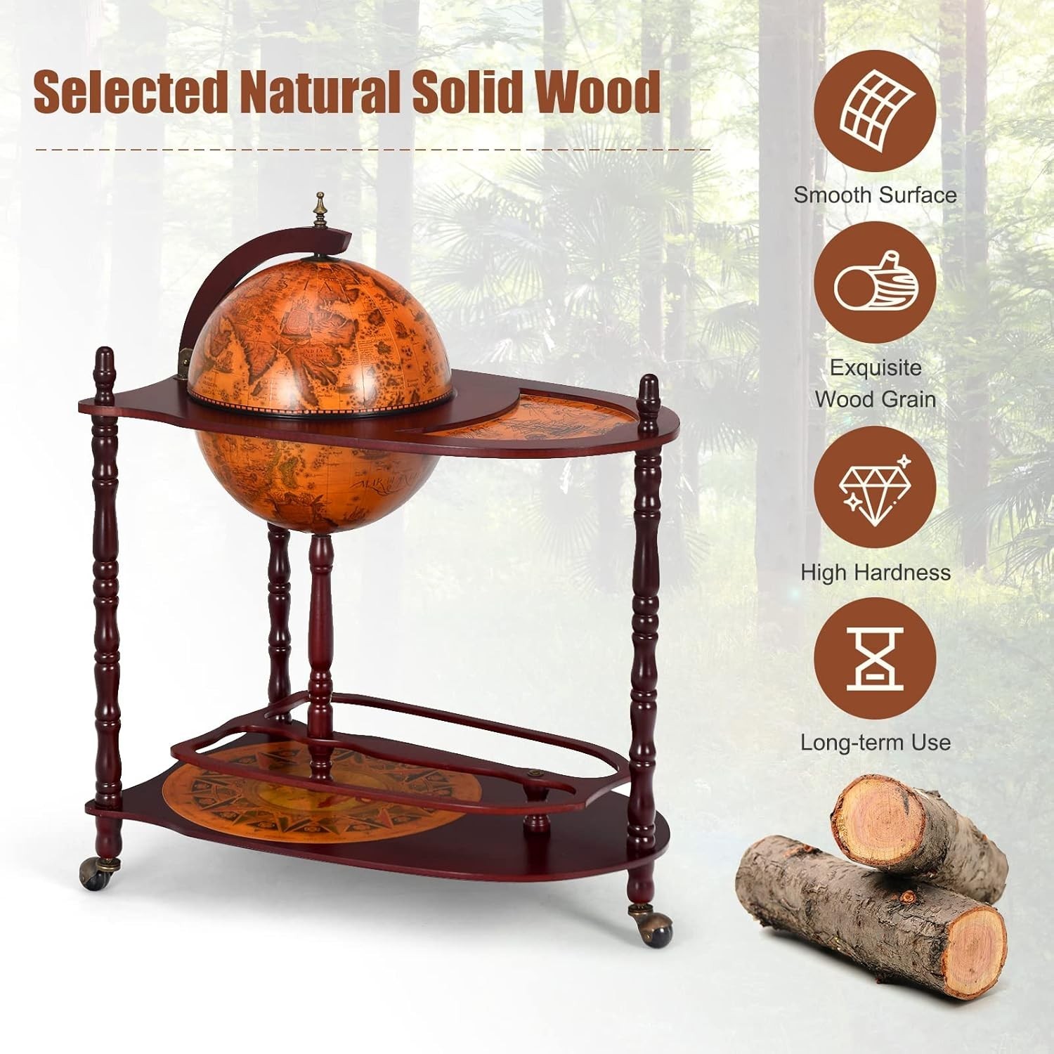 Globe Bar, 34.5” Globe Bar Liquor Cabinet with Wheels, Bottom Shelf, Old Worl...