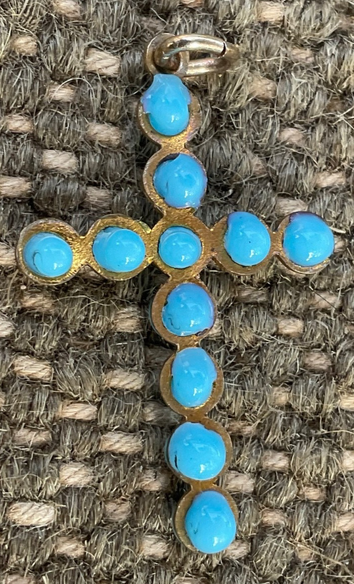 French Antq. Silver~Gold Plate~Sky Blue Glass Enameled Drops Cross~Tres Chic