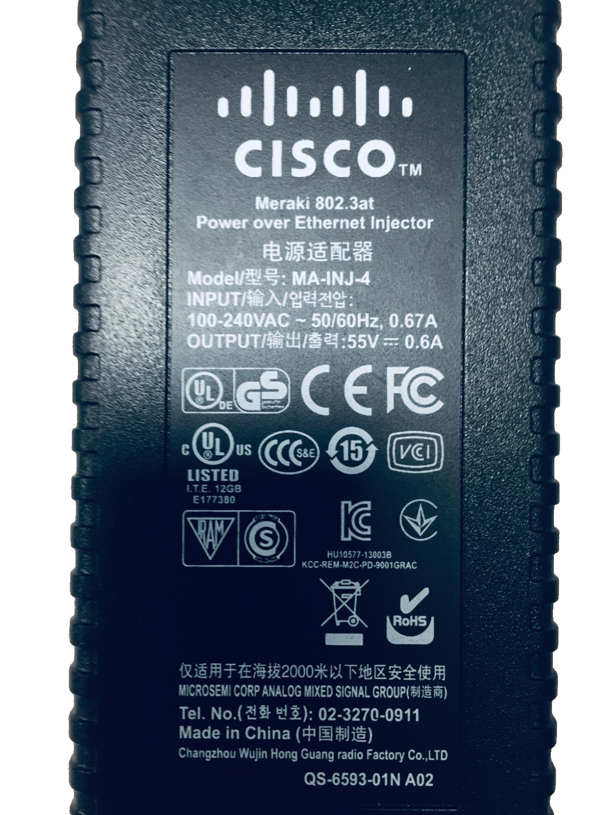 Original Cisco Meraki MA-INJ-4-US Power Injector 802.3at PoE 55V