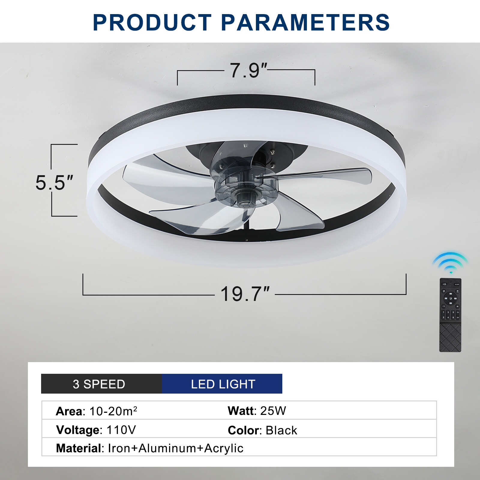 20 inch Modern Low Profile Ceiling Fan Light Kit Flush Mount With Remote Control