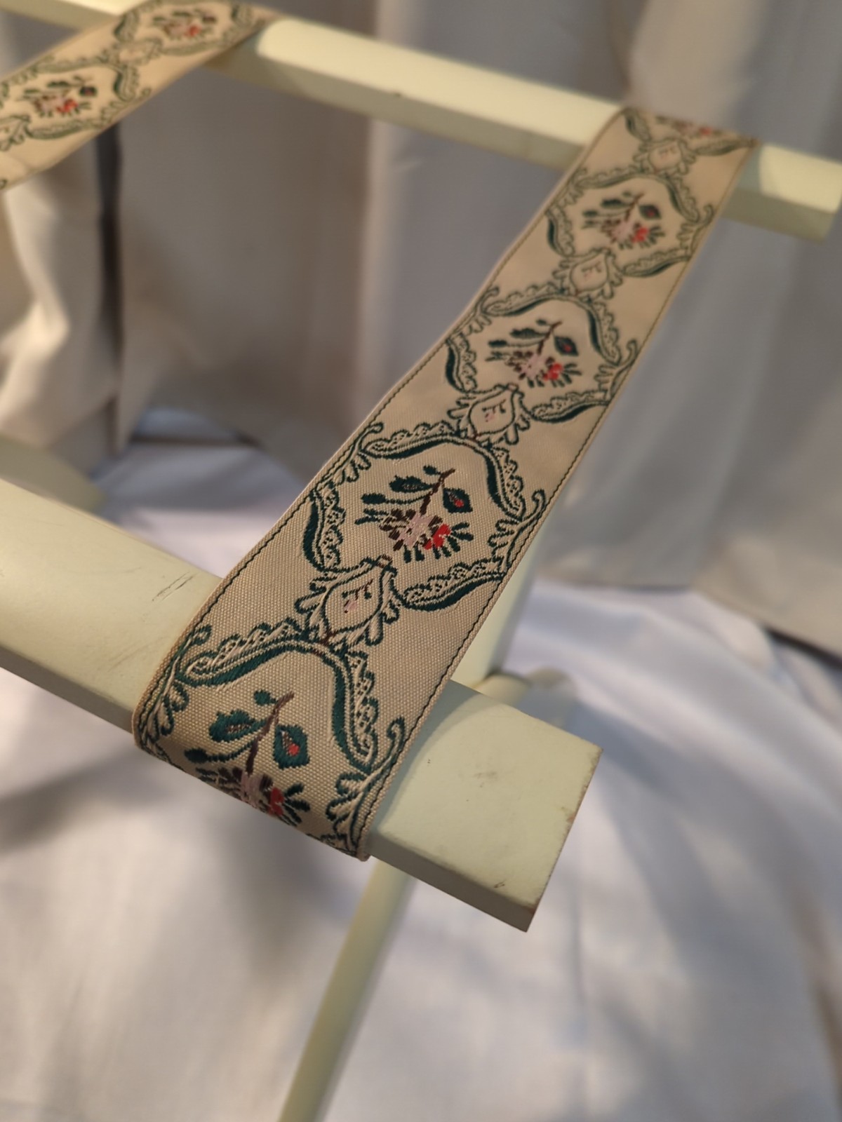 Vtg Scheibe Wood Folding Luggage Suitcase Rack Hotel Stand Tapestry Straps Ivory