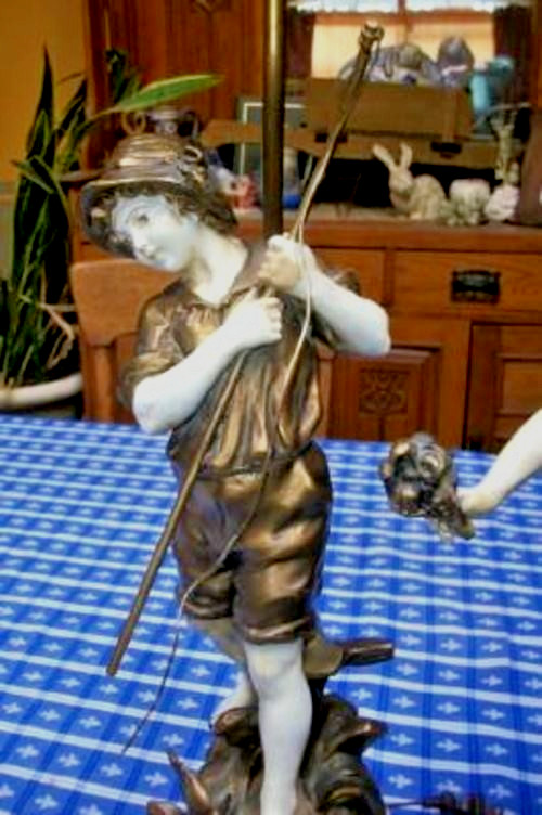 Vintage French Figural Lamps Moreau Fisherman Lady Flower Basket Bronzed Metal