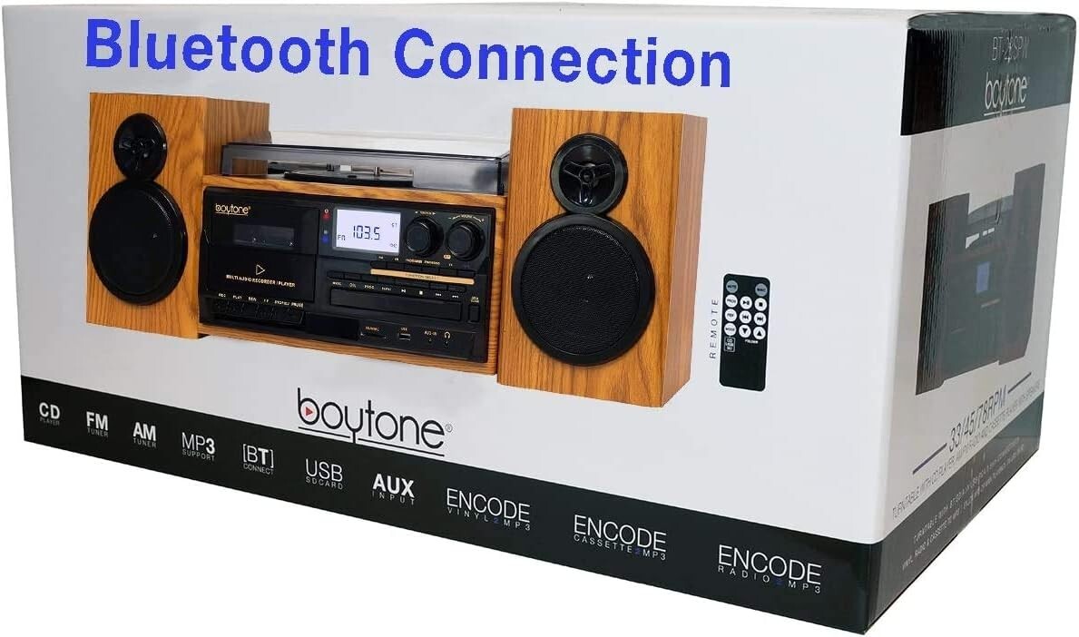 Boytone BT-28SPW Bluetooth Classic Style CD Player Turntable with AM/FM Radio