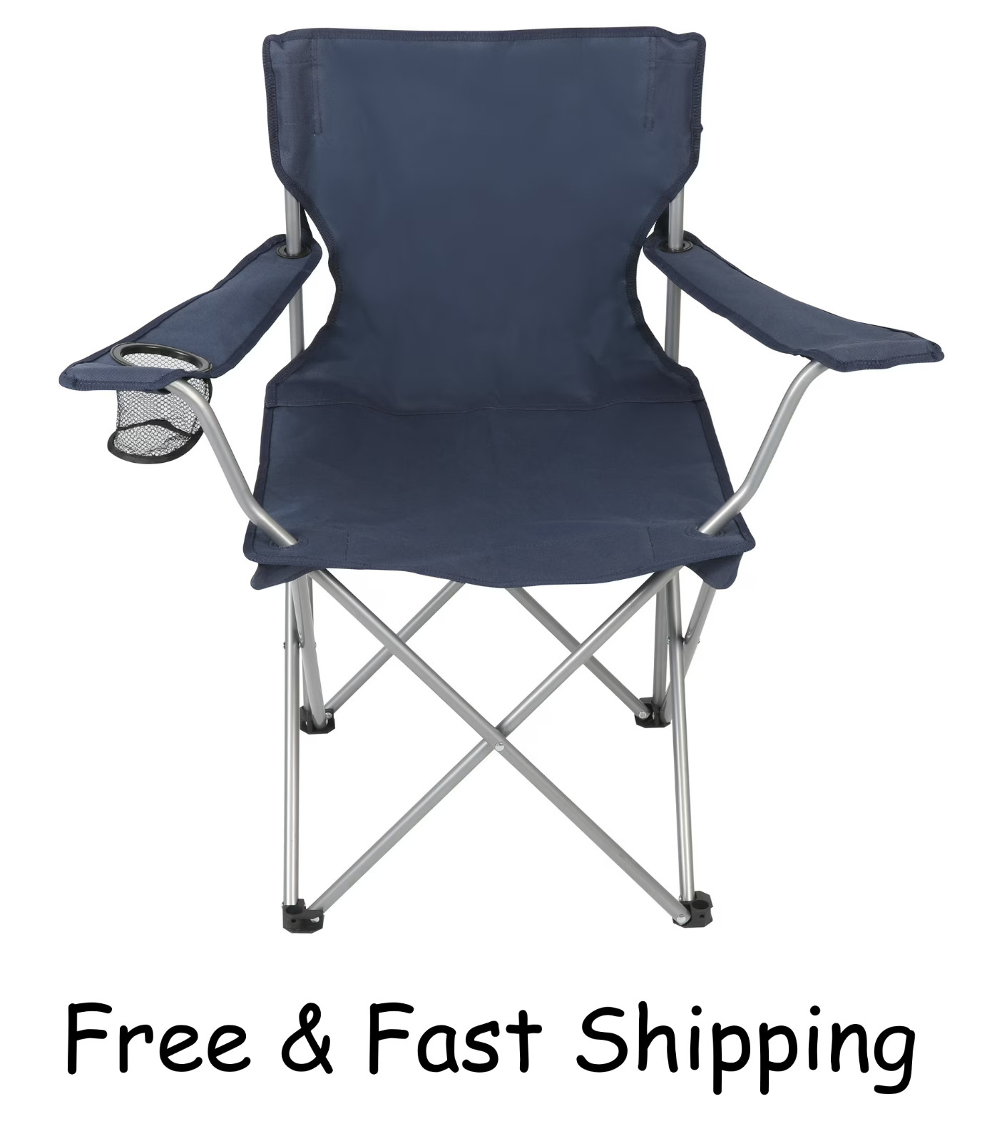 Ozark Trail Basic Quad Folding Camp Chair with Cup Holder, Dark Blue, Adult