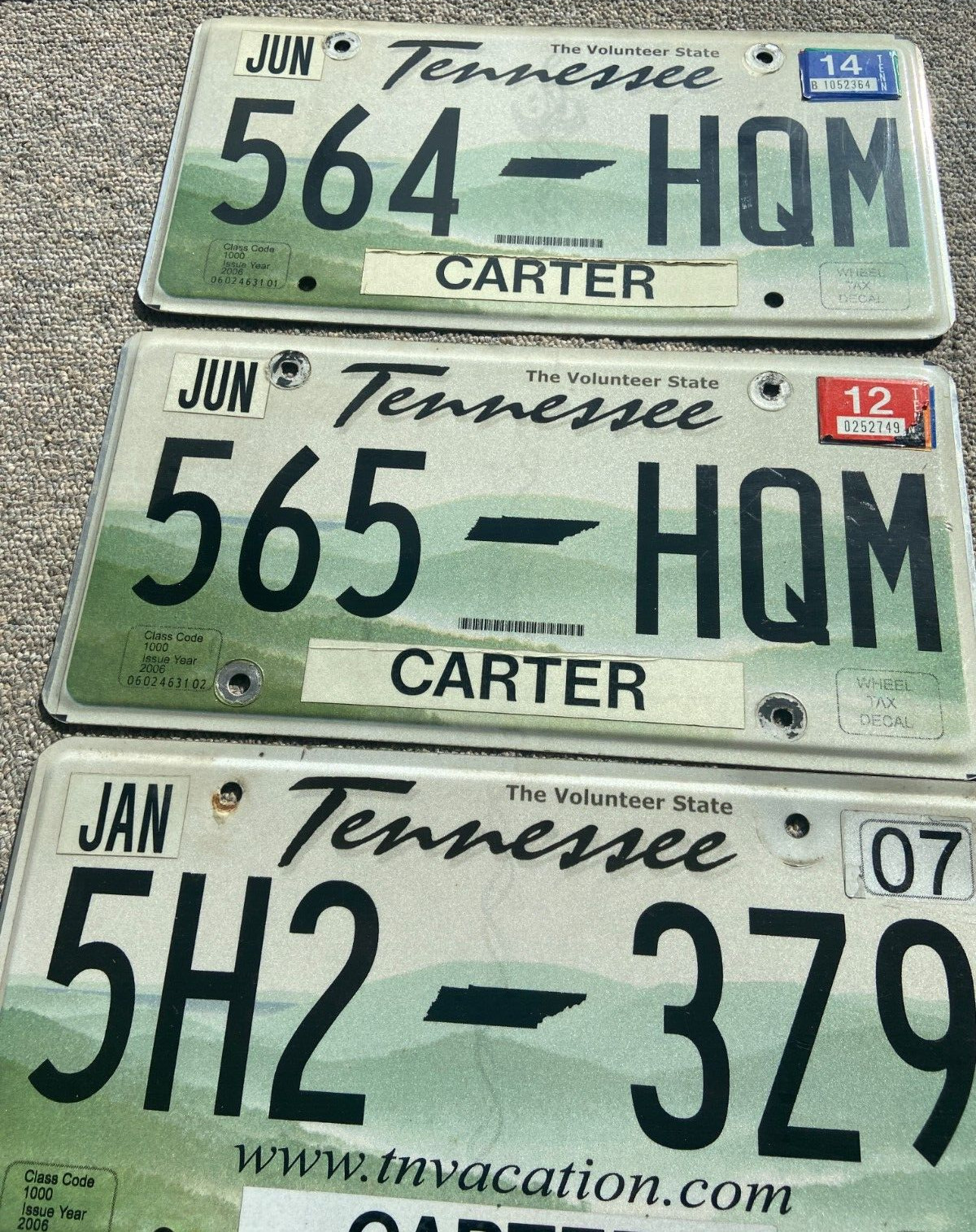 3 TENNESSEE HOLOGRAM LICENSE PLATES CARTER COUNTY 2007-12-14 VOLUNTEER STATE