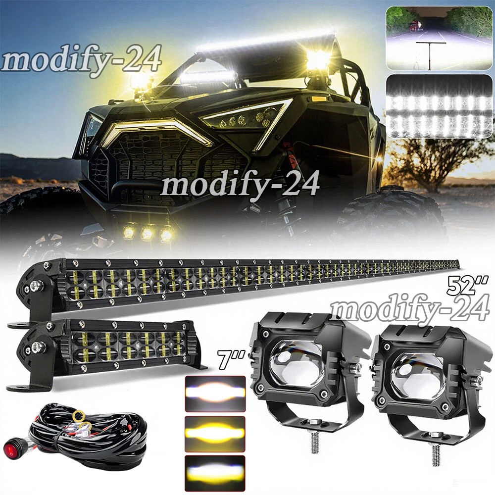 Fit Can-am Defender HD8/HD9/HD10 Roof 52"+8" LED Light Bar Wire+3" Cube Pods Kit