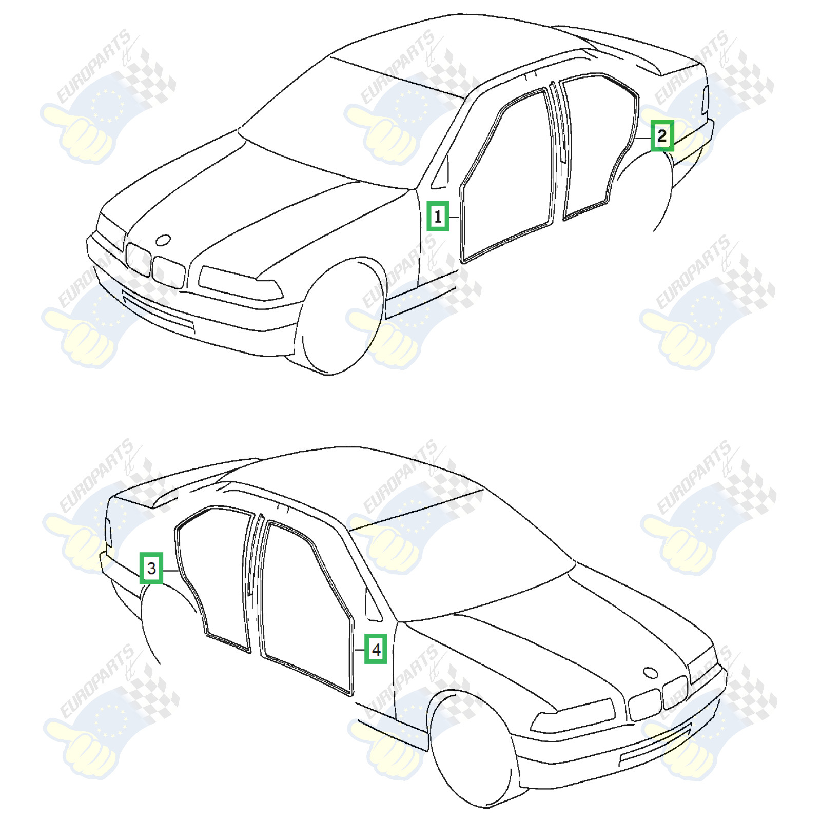 BMW E36 3 Series Sedan Rubber Door Seal Weatherstrip Kit 4 Piece Set 51728196289