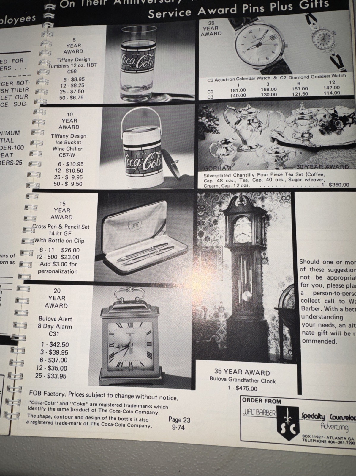 1974 Walt Barber Specialty Advertising Coca Cola Promotional Employee Gift