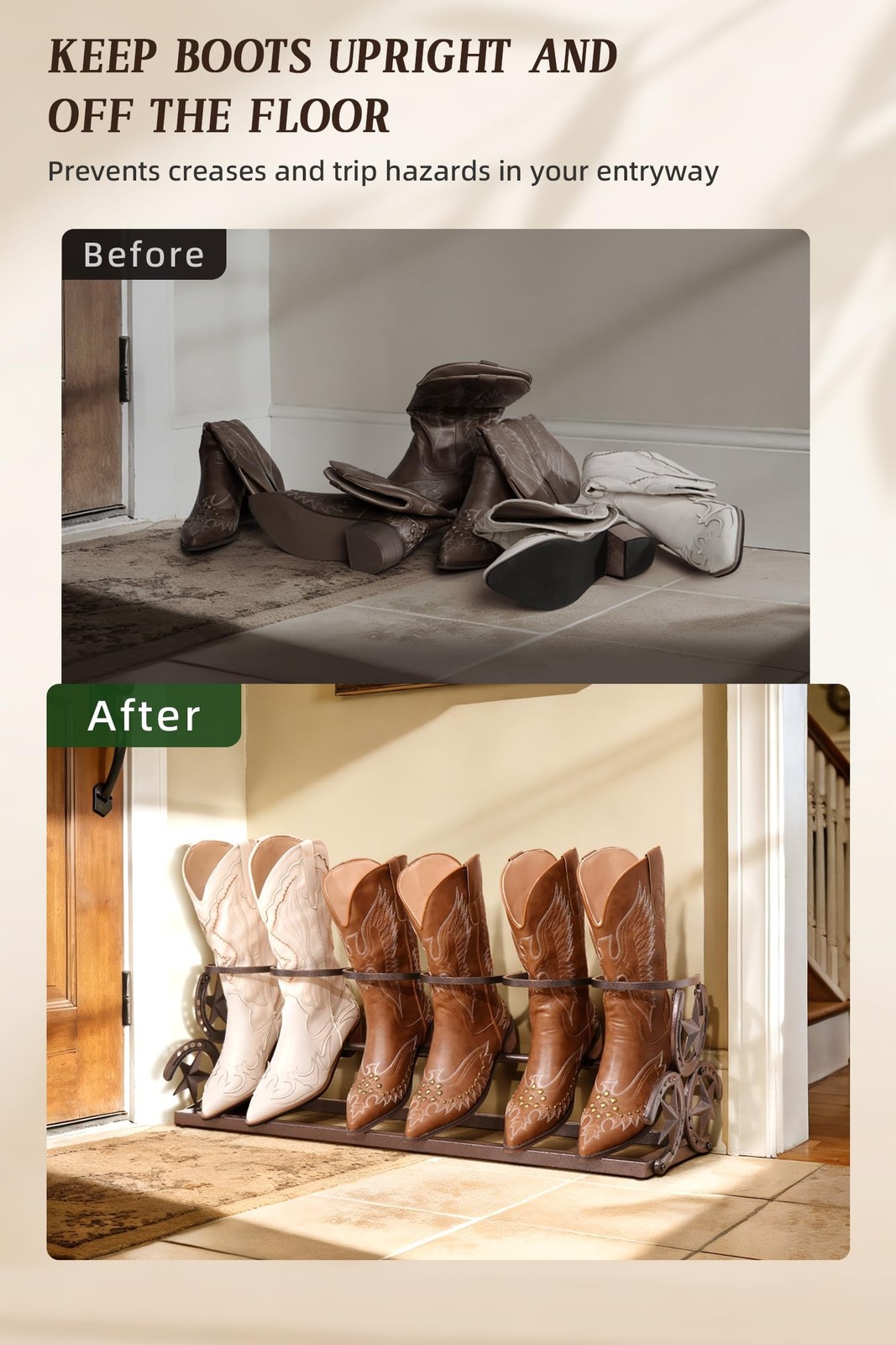 Western Horseshoe Boot Rack, 3 Pairs Freestanding Metal Boot Stand, Adjustabl...