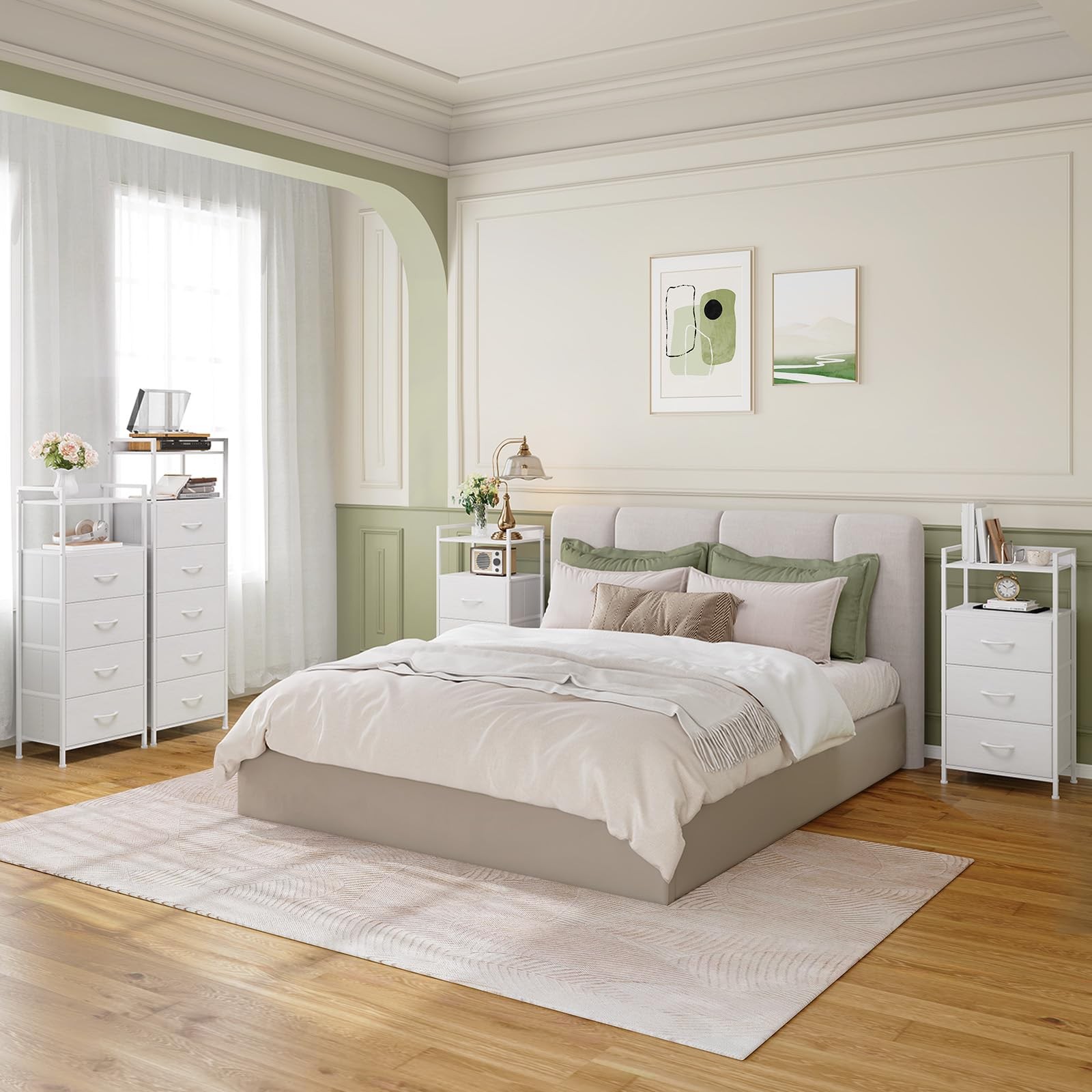 3-Drawer Nightstand with Fabric Bins, Wood Top Steel Frame, White