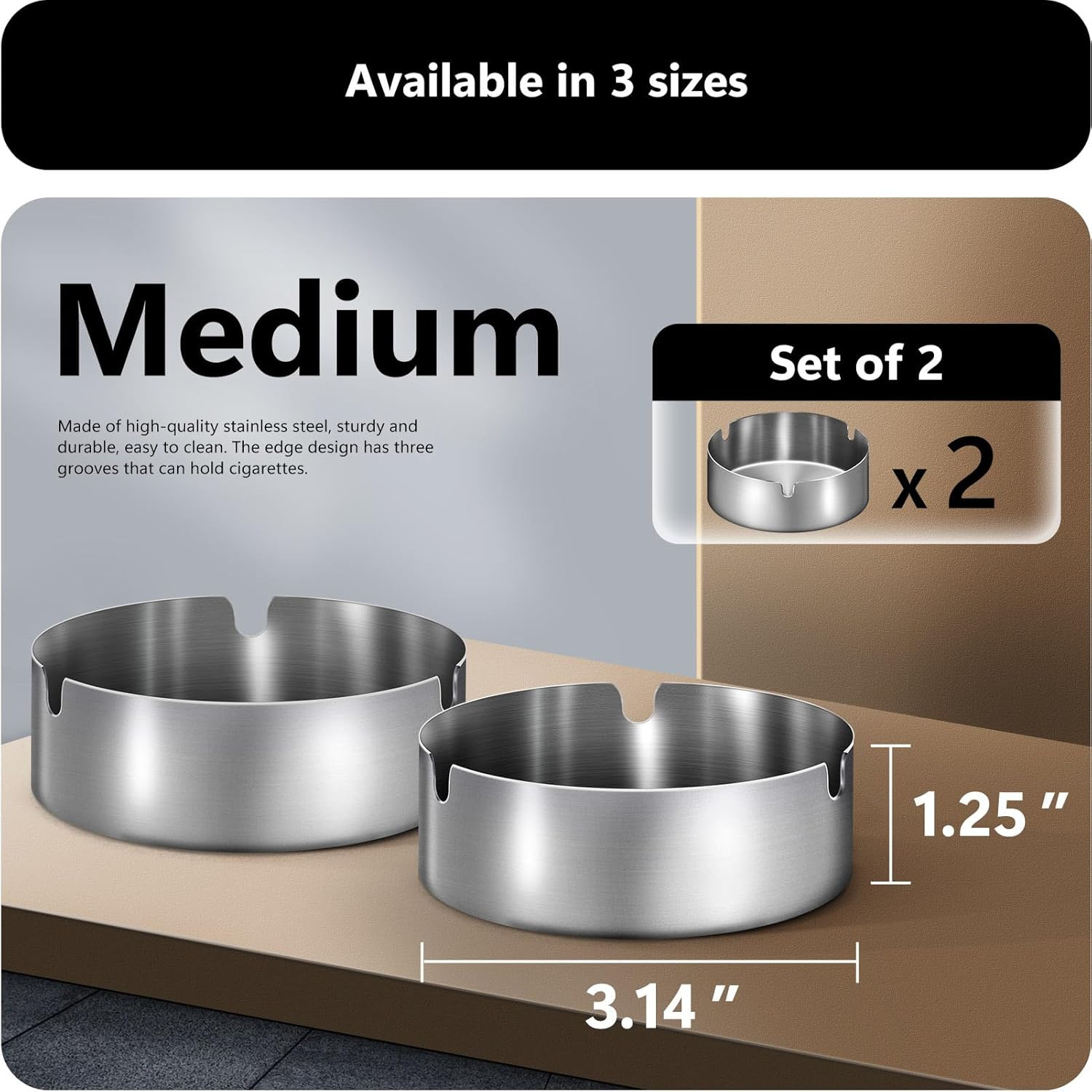 Roygra Ashtray 2 Pack, Stainless Steel Ash Tray for Indoor or Outdoor Use, Unbre