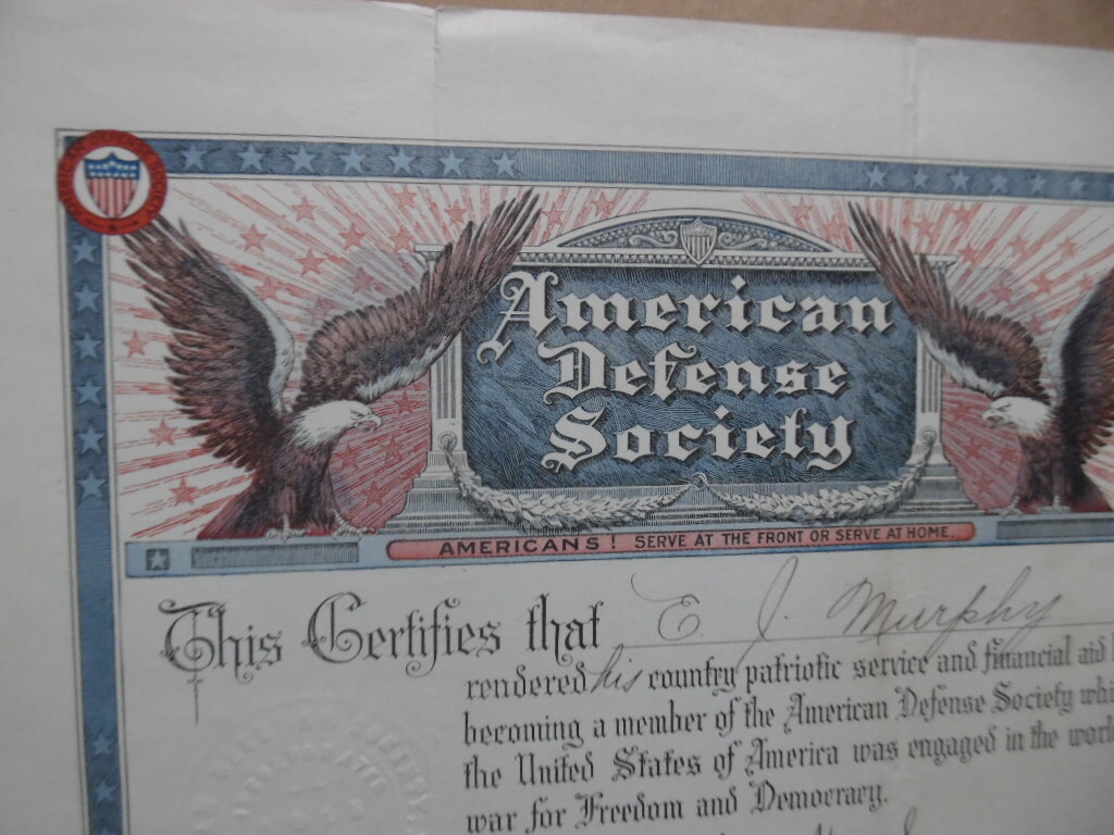 1918 American Defense Society Member Certificate Americanism Nationalist ADS WWI