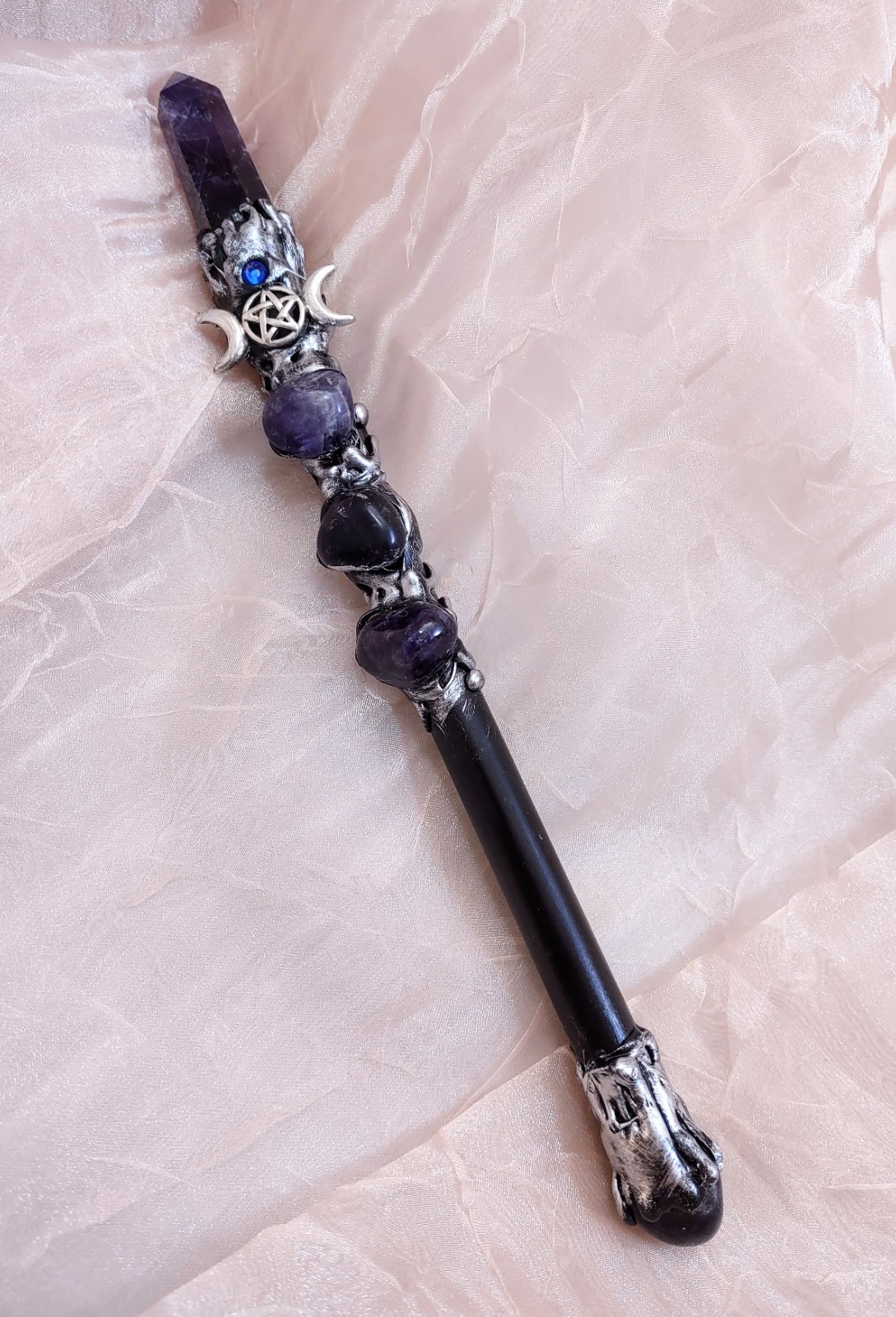 Magic Wand Amethyst Point & Silver Triple Moon Pentacle 10" Wiccan Pagan Witch