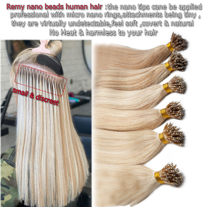 300PCS THICK 100% Remy Human Hair Extensions Nano Ring Tip Micro Loop Beads 150G