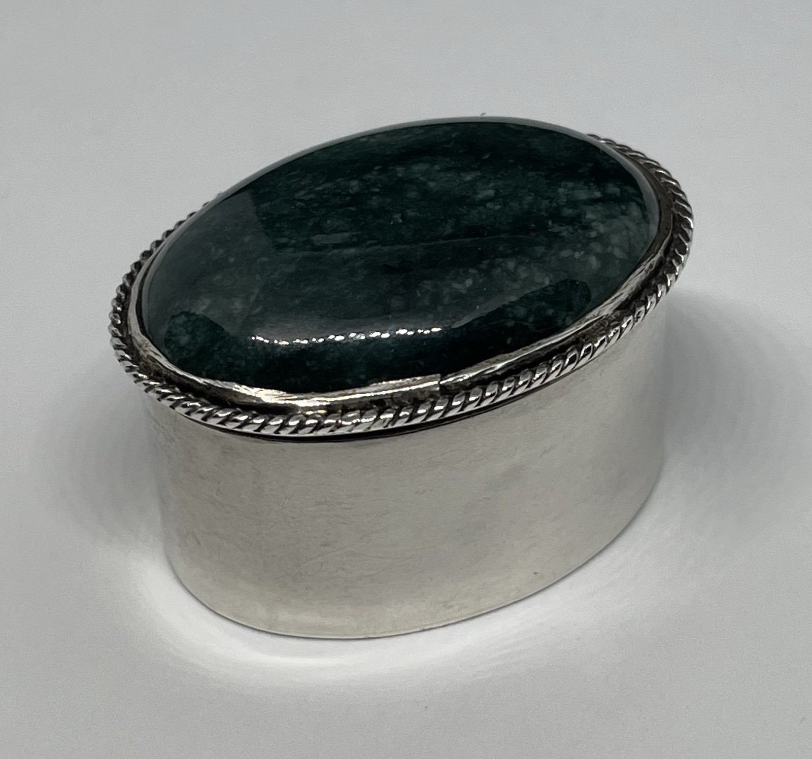 Vintage Mini Sterling Silver Oval Pill Box with Beading and Jade Cabochon