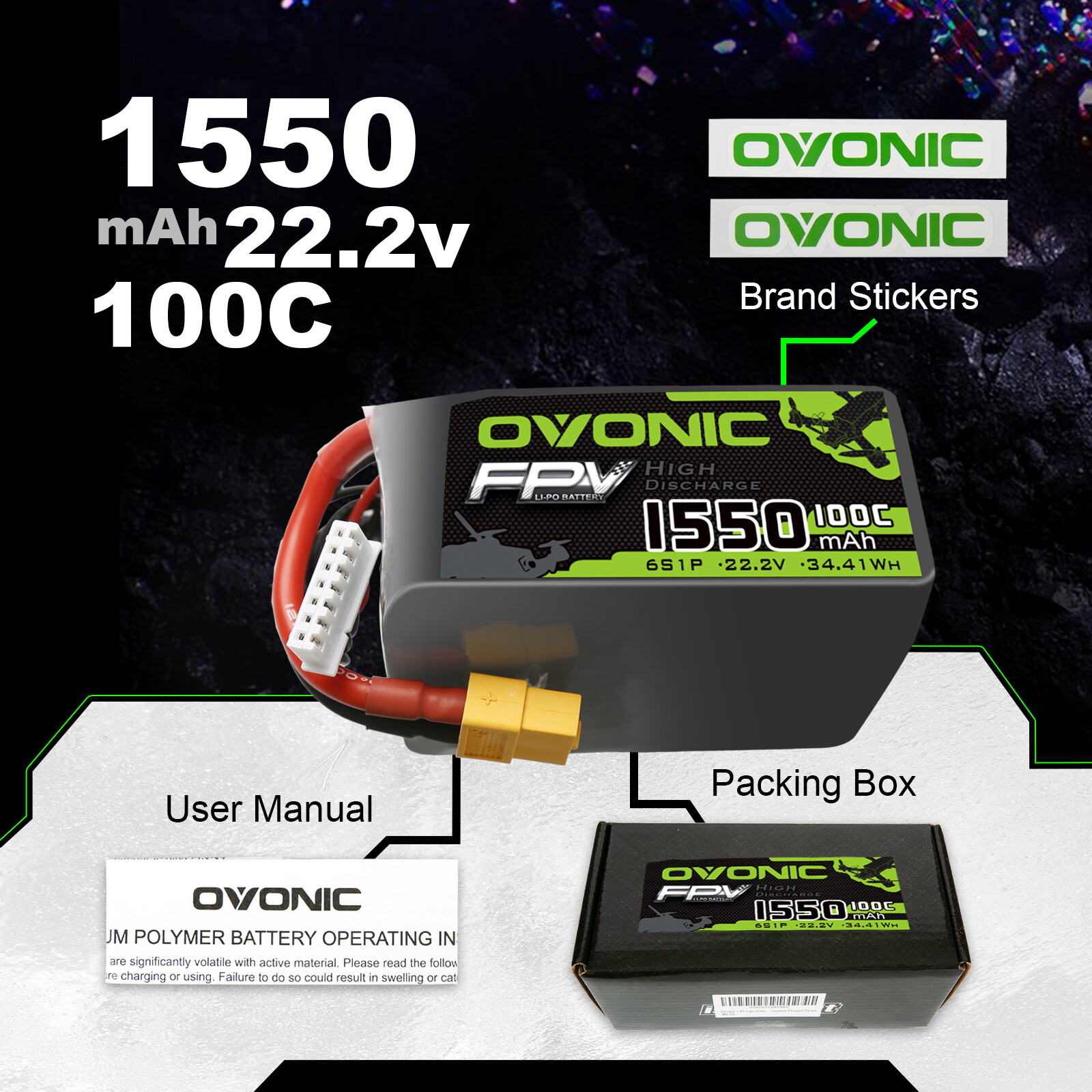 OVONIC 100C 22.2V 1550mAh 6S Lipo Battery XT60 Plug For FPV RC Drone Quad Vortex