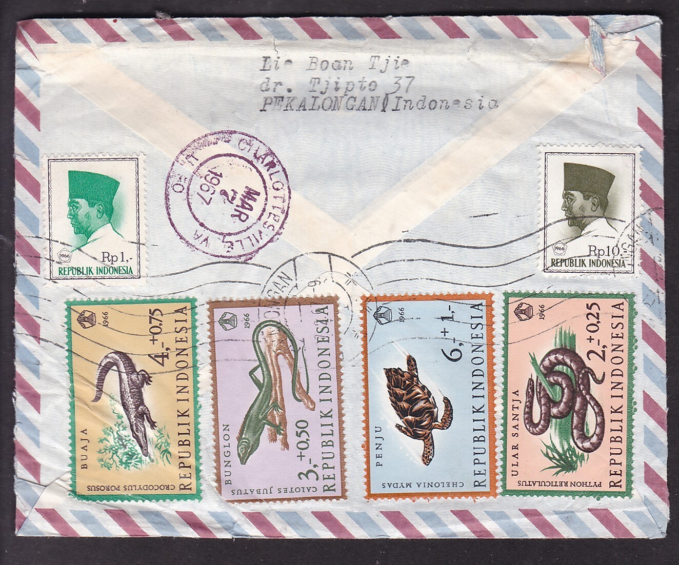 REGISTERED 2-SIDE COVER, REPUBLIK OF INDONESIA TO CHARLOTTESVILLE, VA. 1967