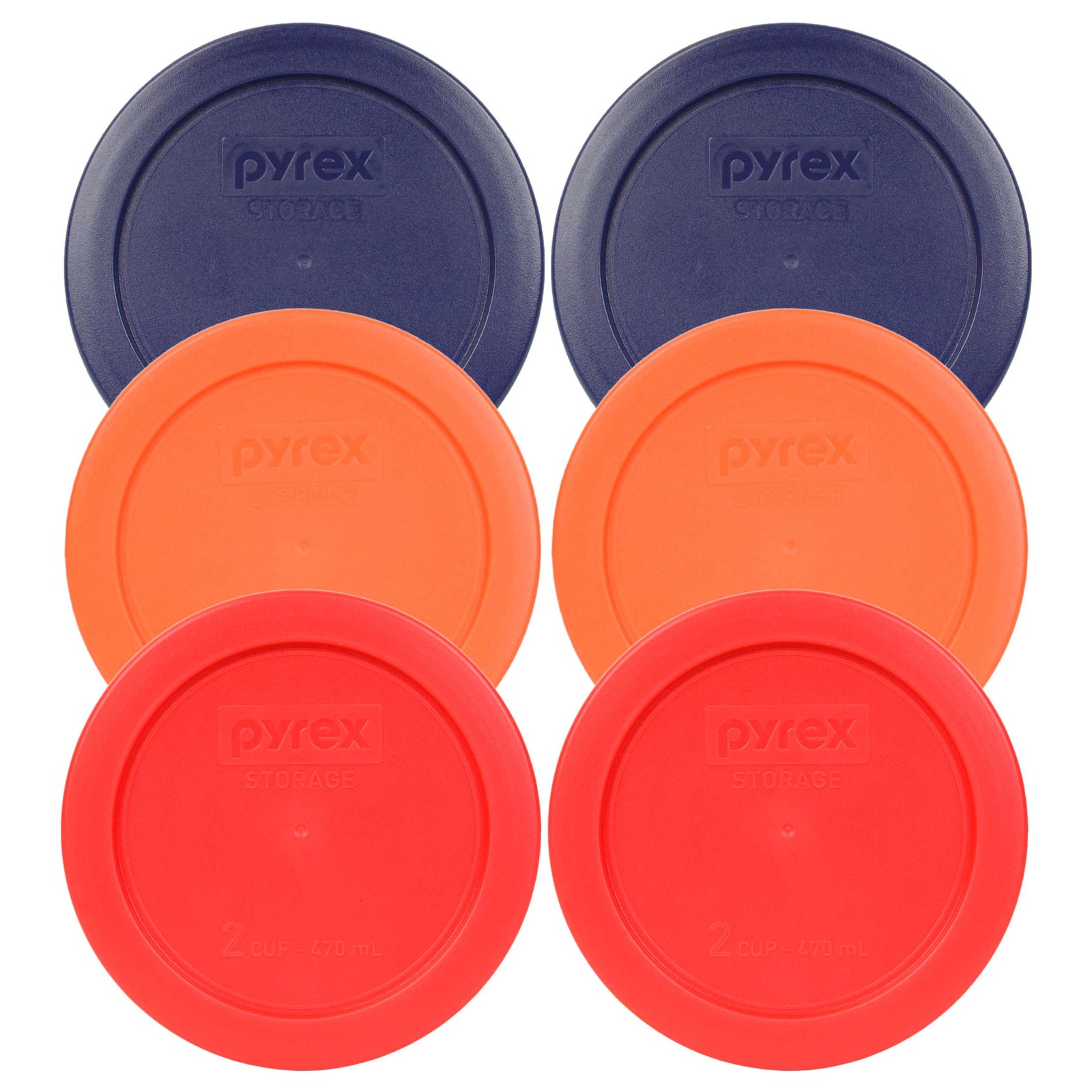 Pyrex 7200-PC 2 Cup (2) Blue (2) Orange (2) Red Round Plastic Lids 6PK New