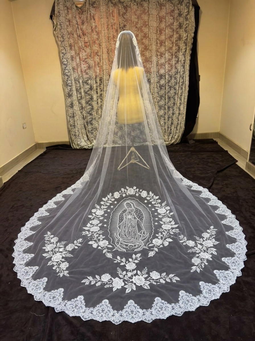 bridal Veil virgin marry with lace trim embroidery Guadalupe Mantilla